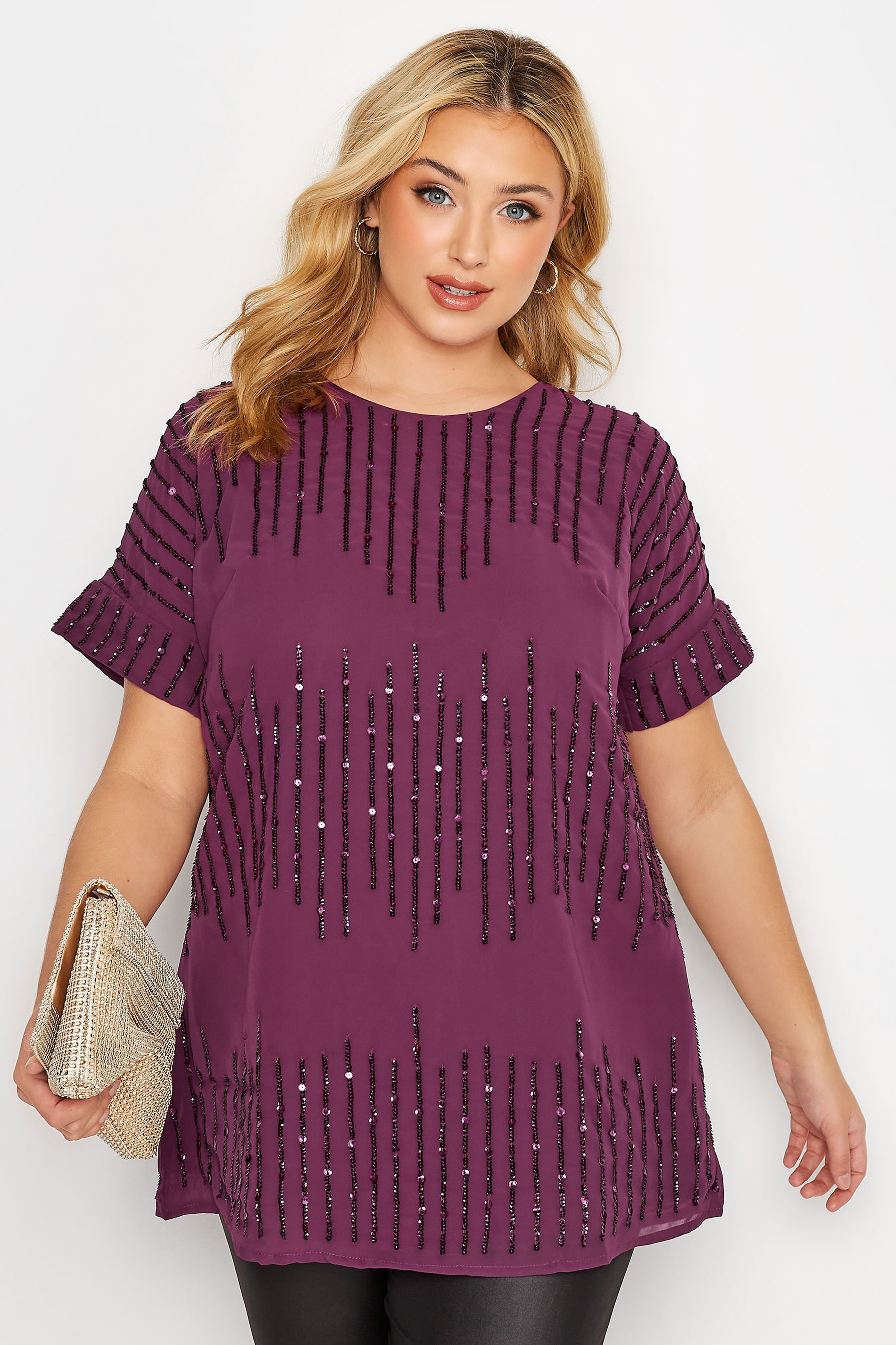 Plus Size LUXE Purple Sequin Hand Embellished Top | Yours Clothing 1