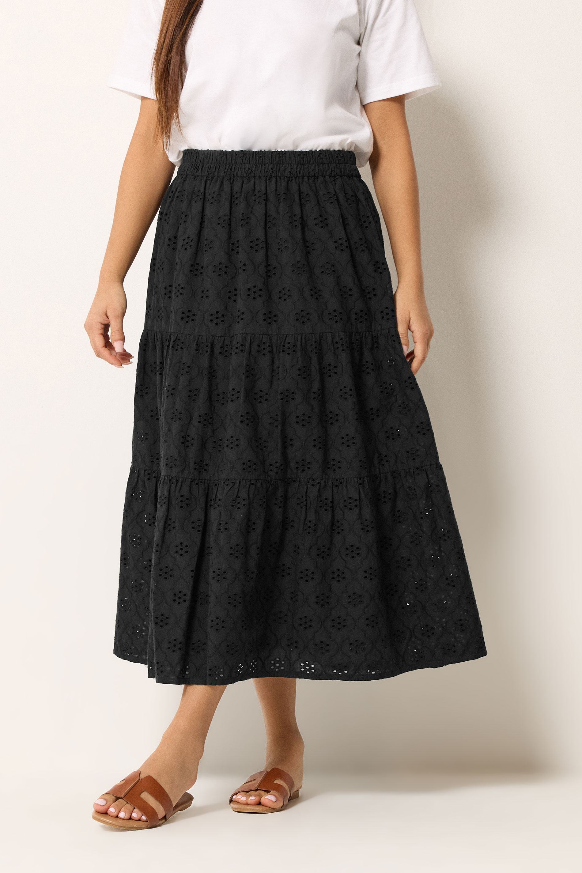 M&Co Petite Black Broderie Tiered Cotton Maxi Skirt | M&Co 3