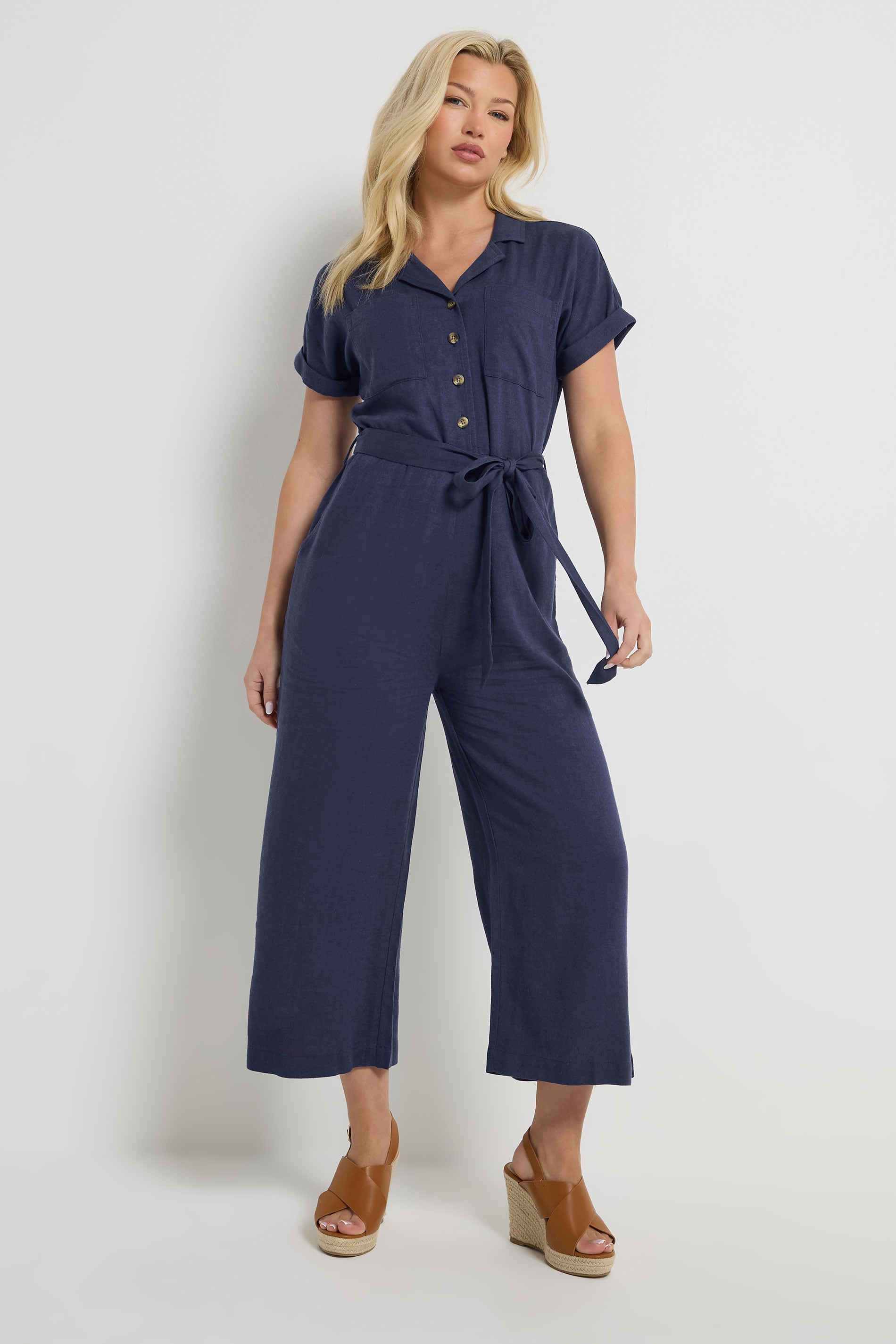 M&Co Navy Blue Tie Waist Linen Jumpsuit | M&Co 2