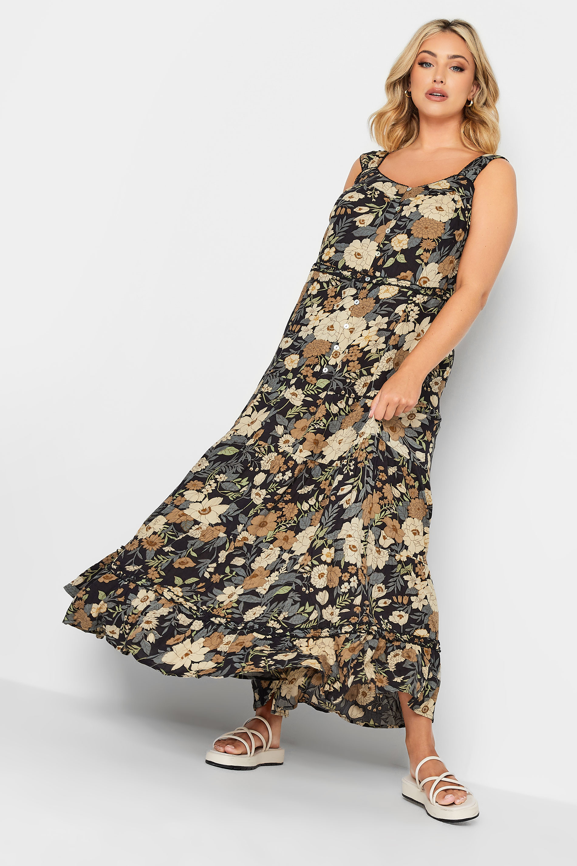 YOURS Plus Size Black Floral Tiered Maxi Sundress | Yours Clothing 1