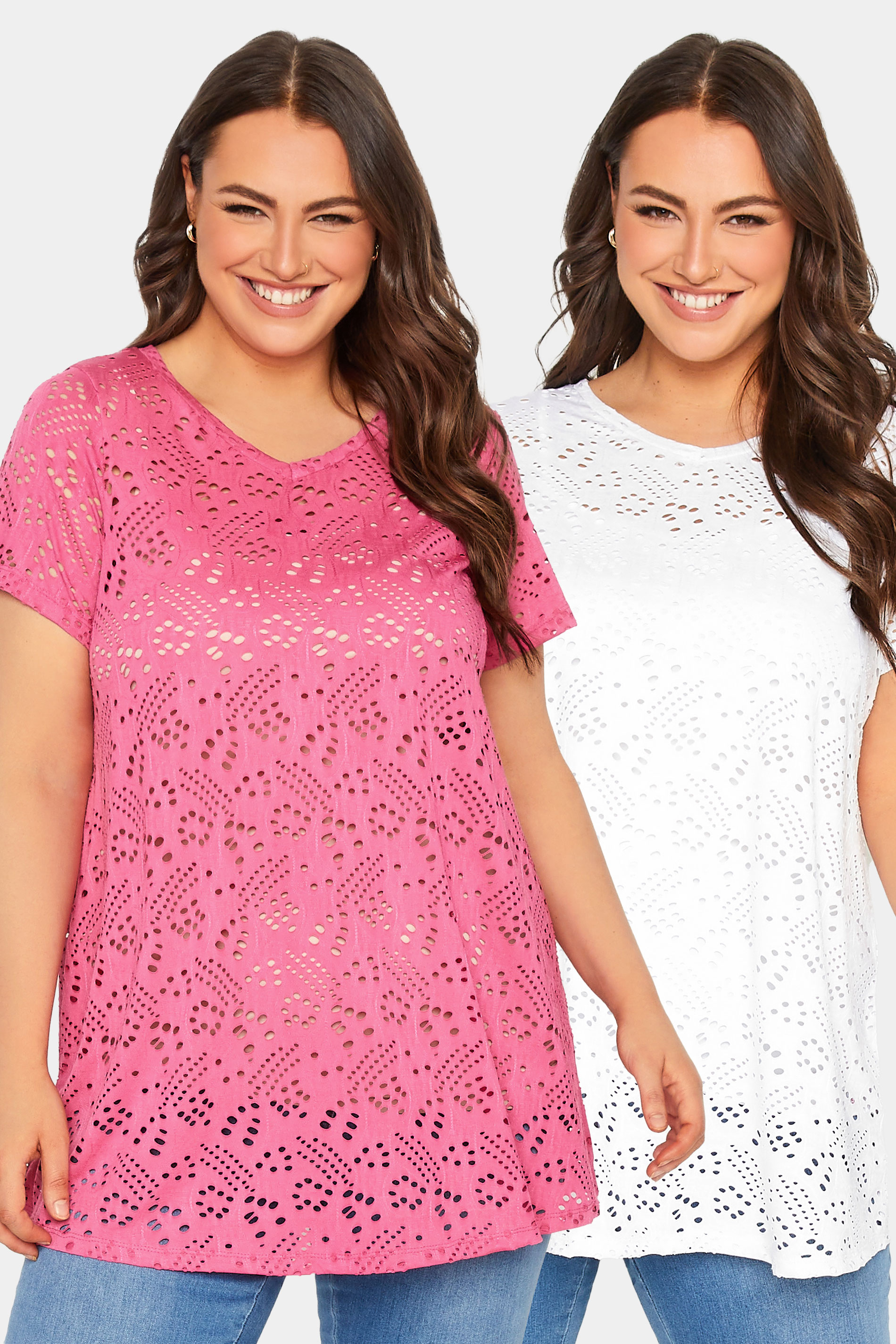 YOURS Curve Plus Size 2 PACK White & Pink Broderie Anglaise Swing V-Neck T-Shirt | Yours Clothing  1