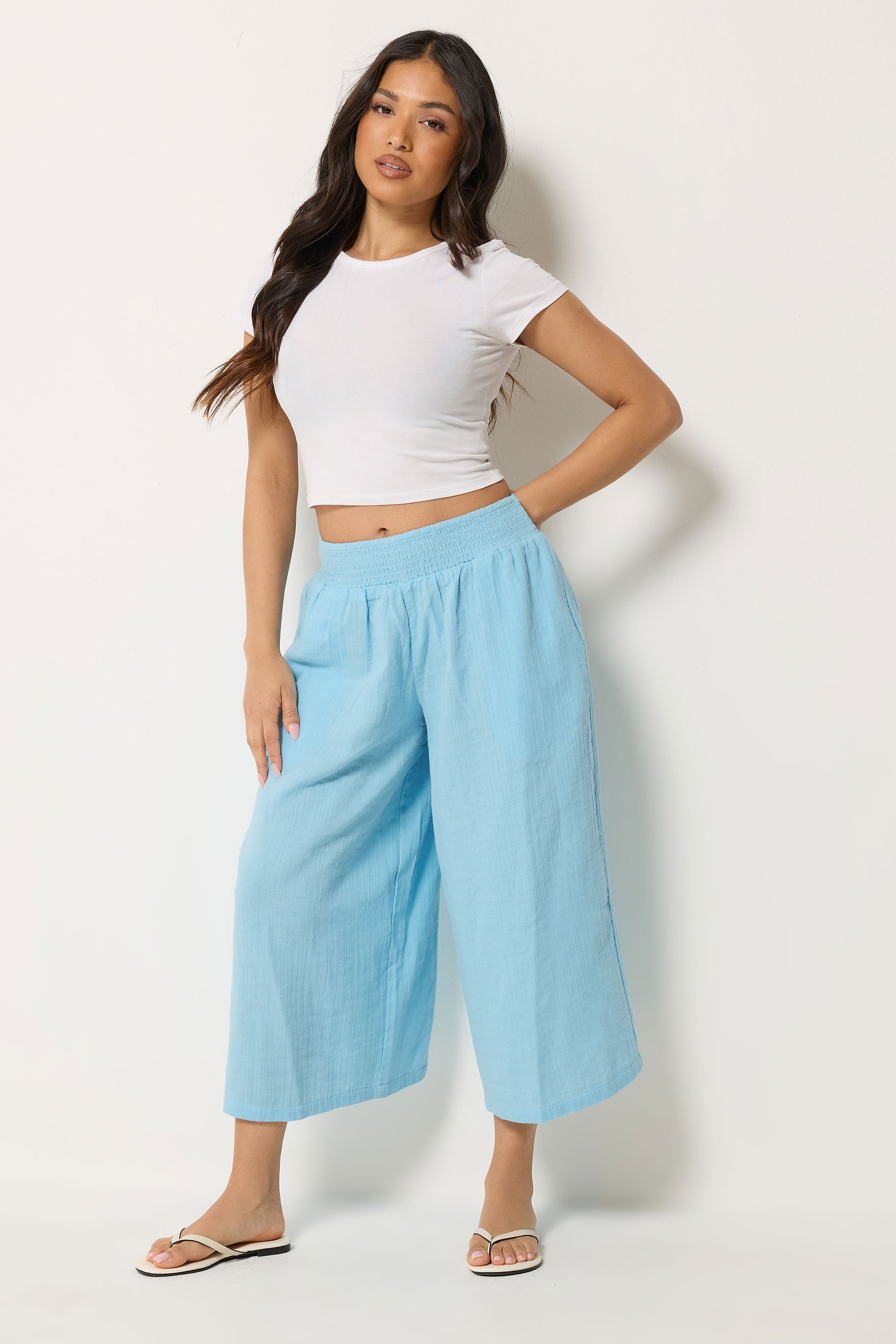 PixieGirl Petite Women's Light Blue Cotton Cheesecloth Cropped Wide Leg Trousers | PixieGirl 3