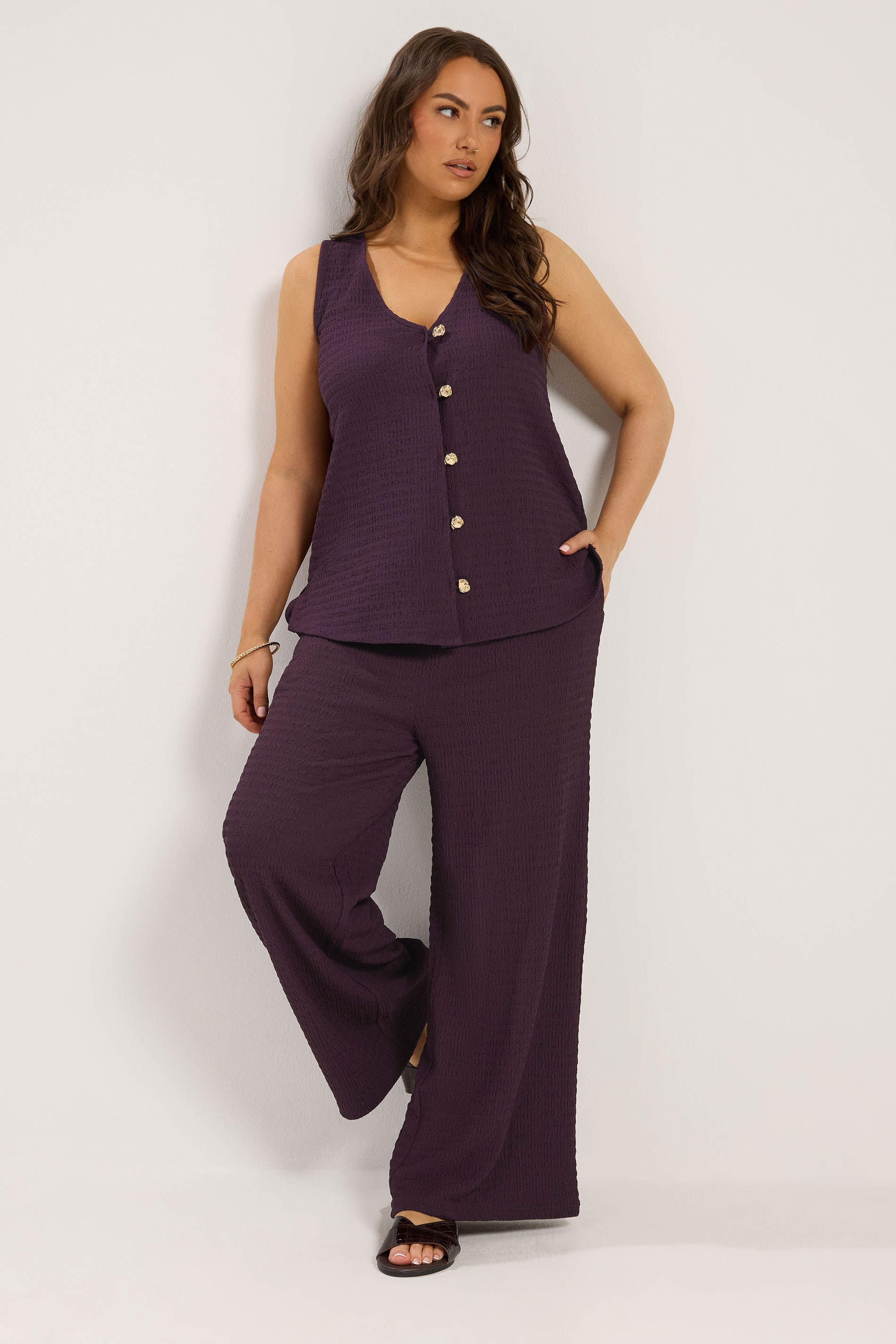 YOURS Plus Size Purple Wide Leg Crinkle Trousers | Yours Clothing 2