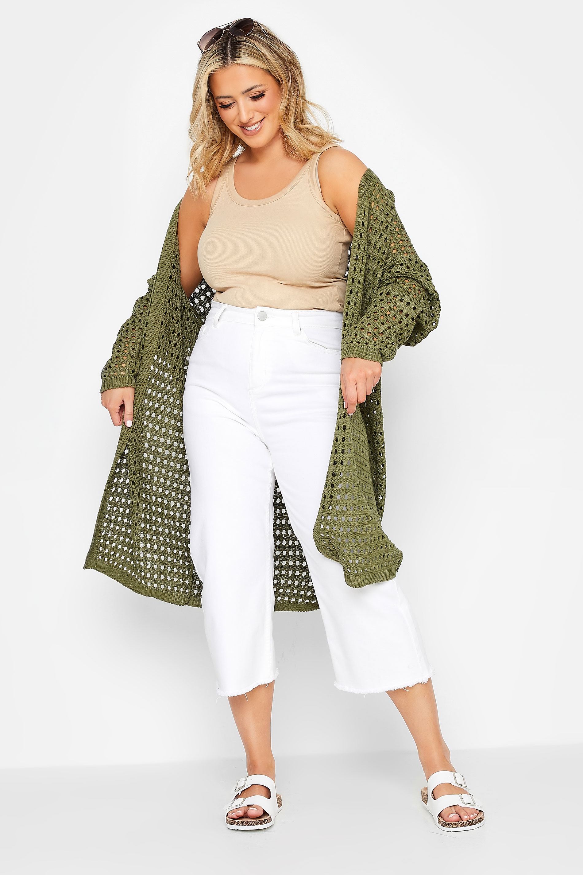 YOURS Plus Size Khaki Green Crochet Cardigan | Yours Clothing 2