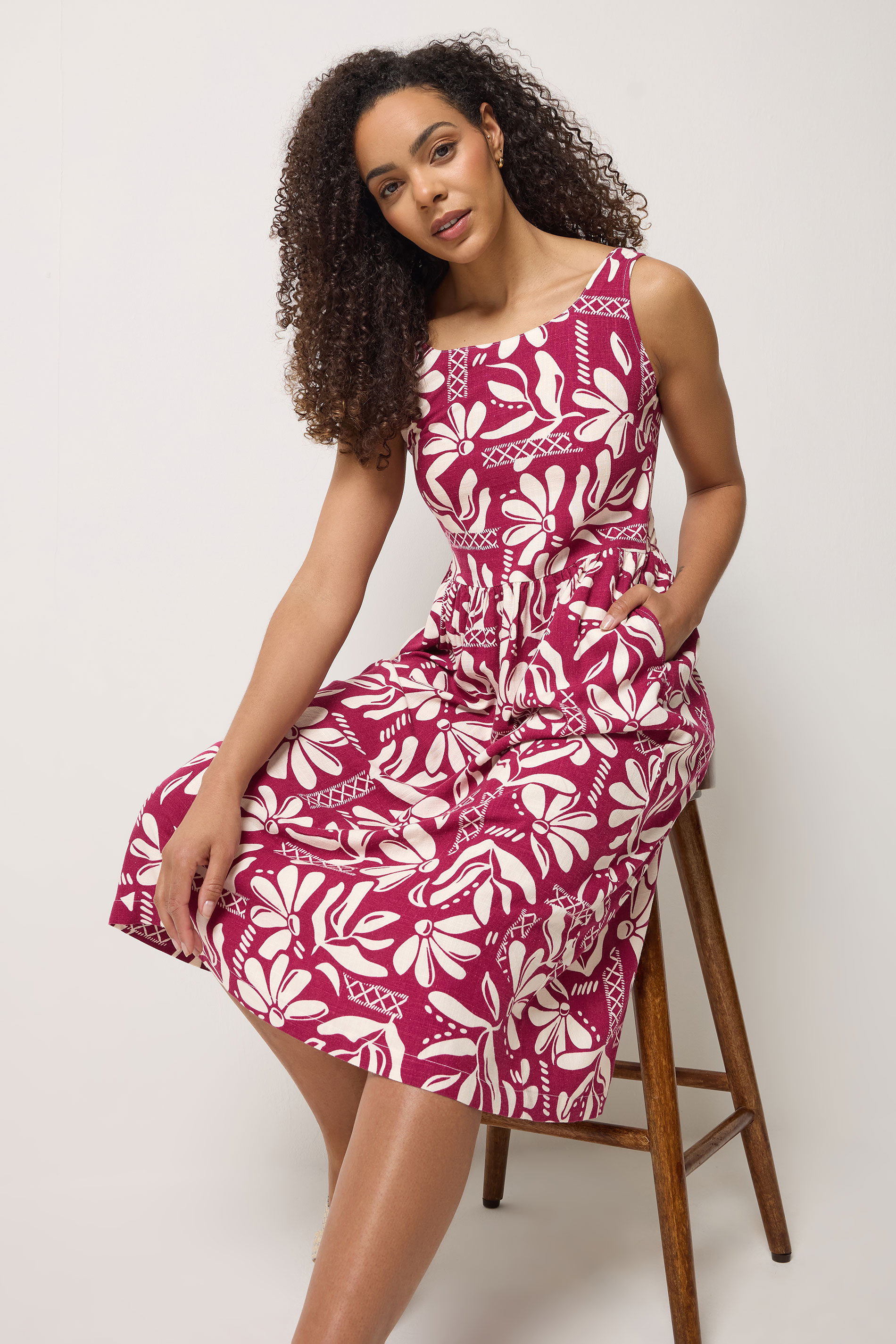 M&Co Berry Purple Floral Linen Midi Dress | M&Co 1