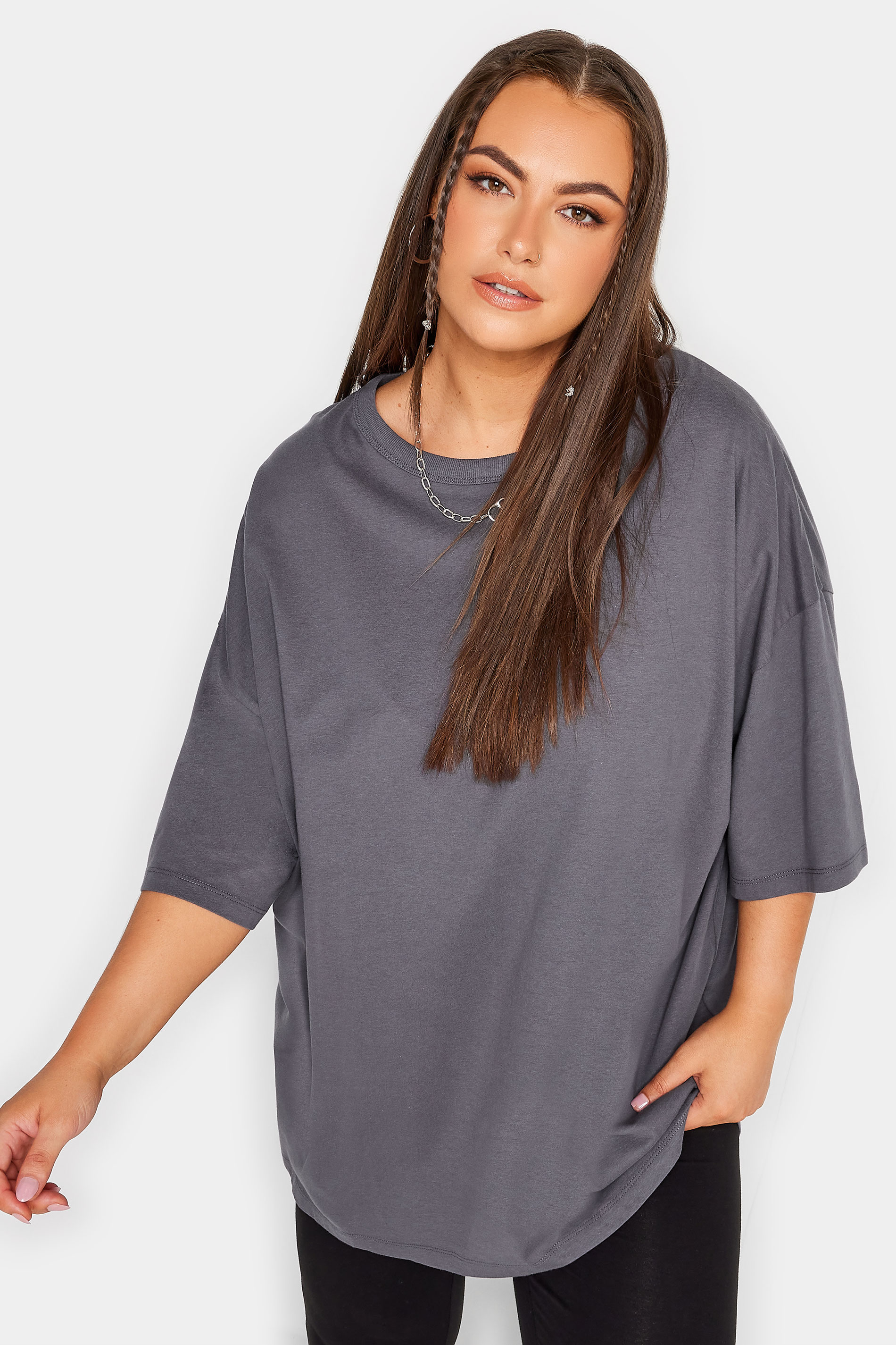 YOURS Curve Grey Oversized Boxy T-Shirt | Yours Clothing 1