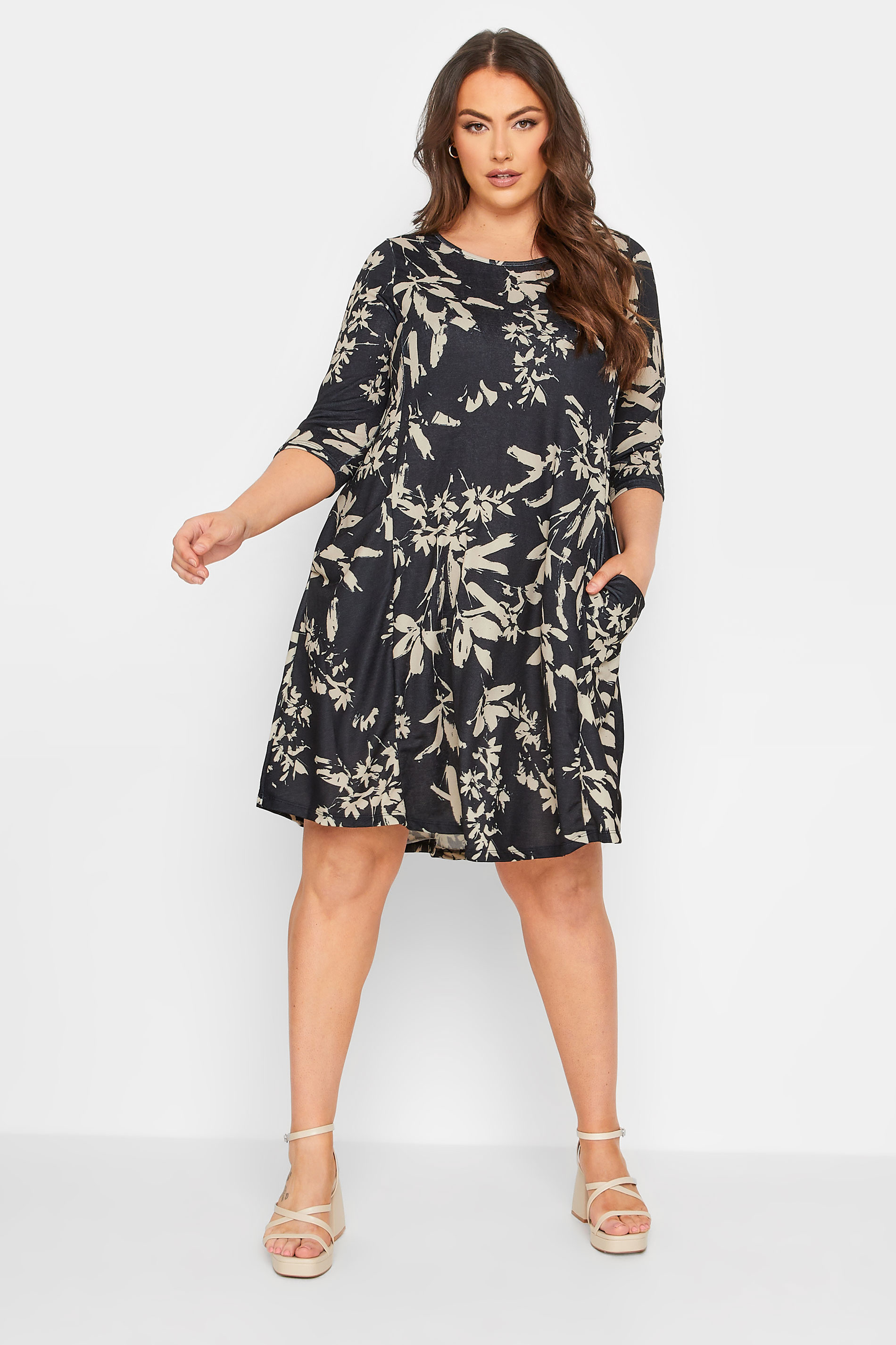 Plus Size Black Floral Print Pocket Swing Dress | Yours Clothing 1