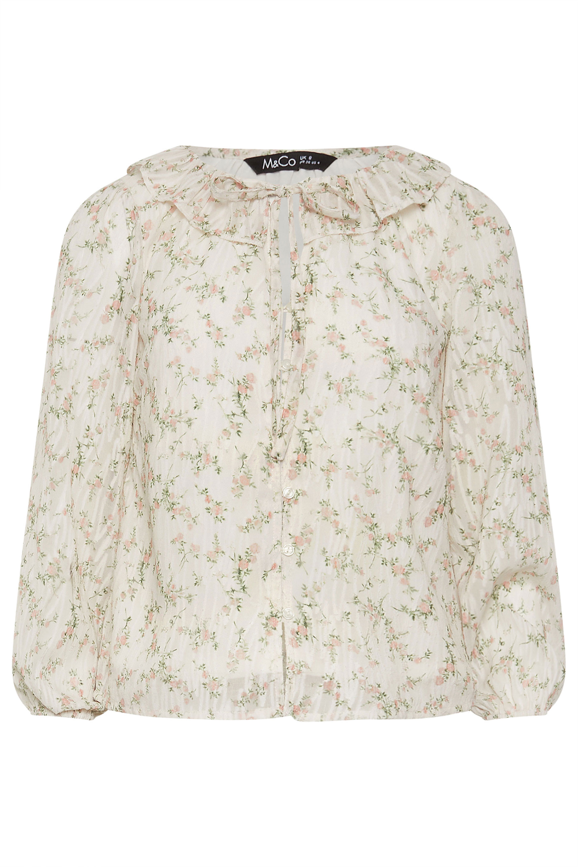 M&Co Petite Ivory White Floral Ruffle Tie Neck Blouse | M&Co 5