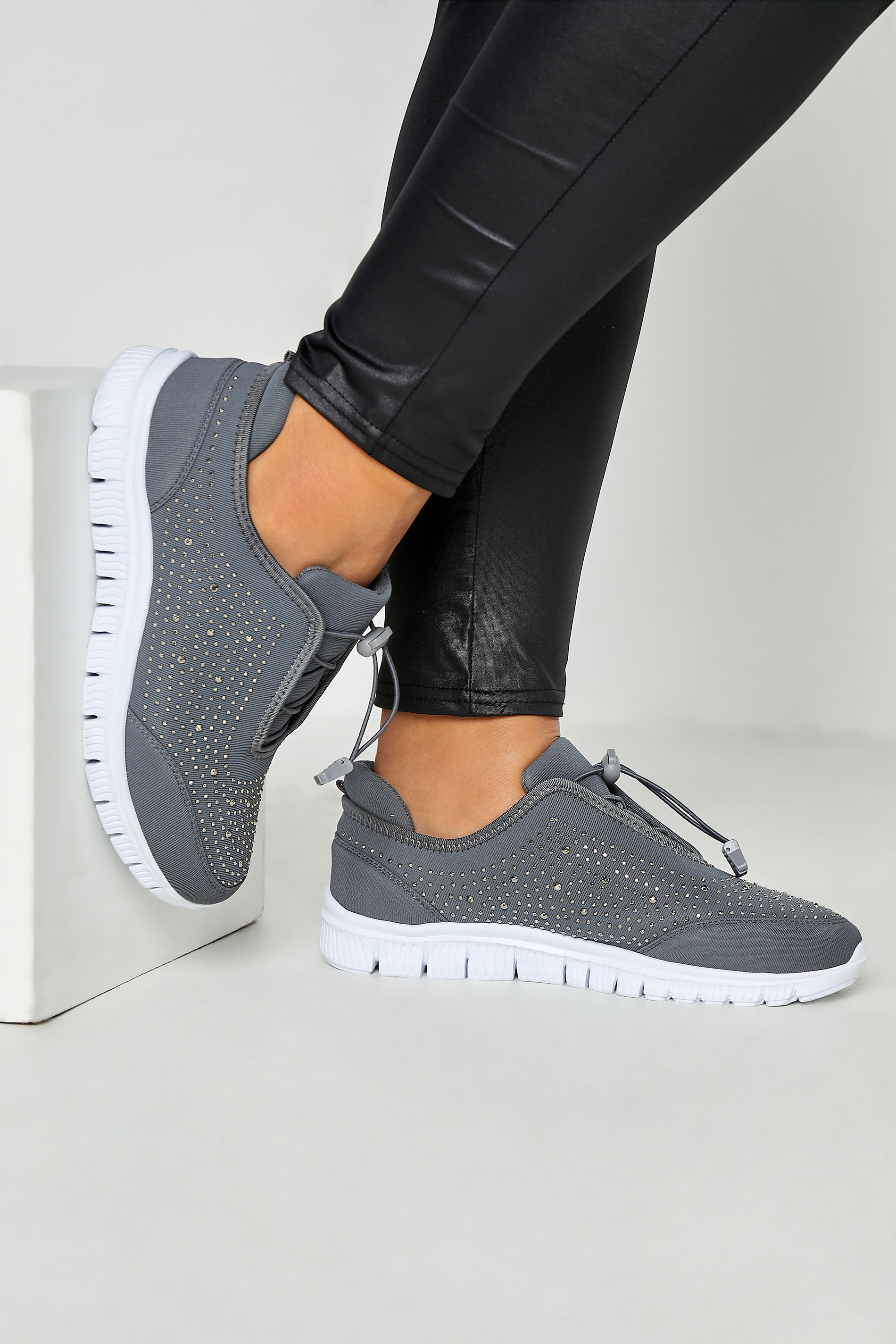 Plus Size Grey Embellished Trainers In Extra Wide Fit | Yours Clothing 1