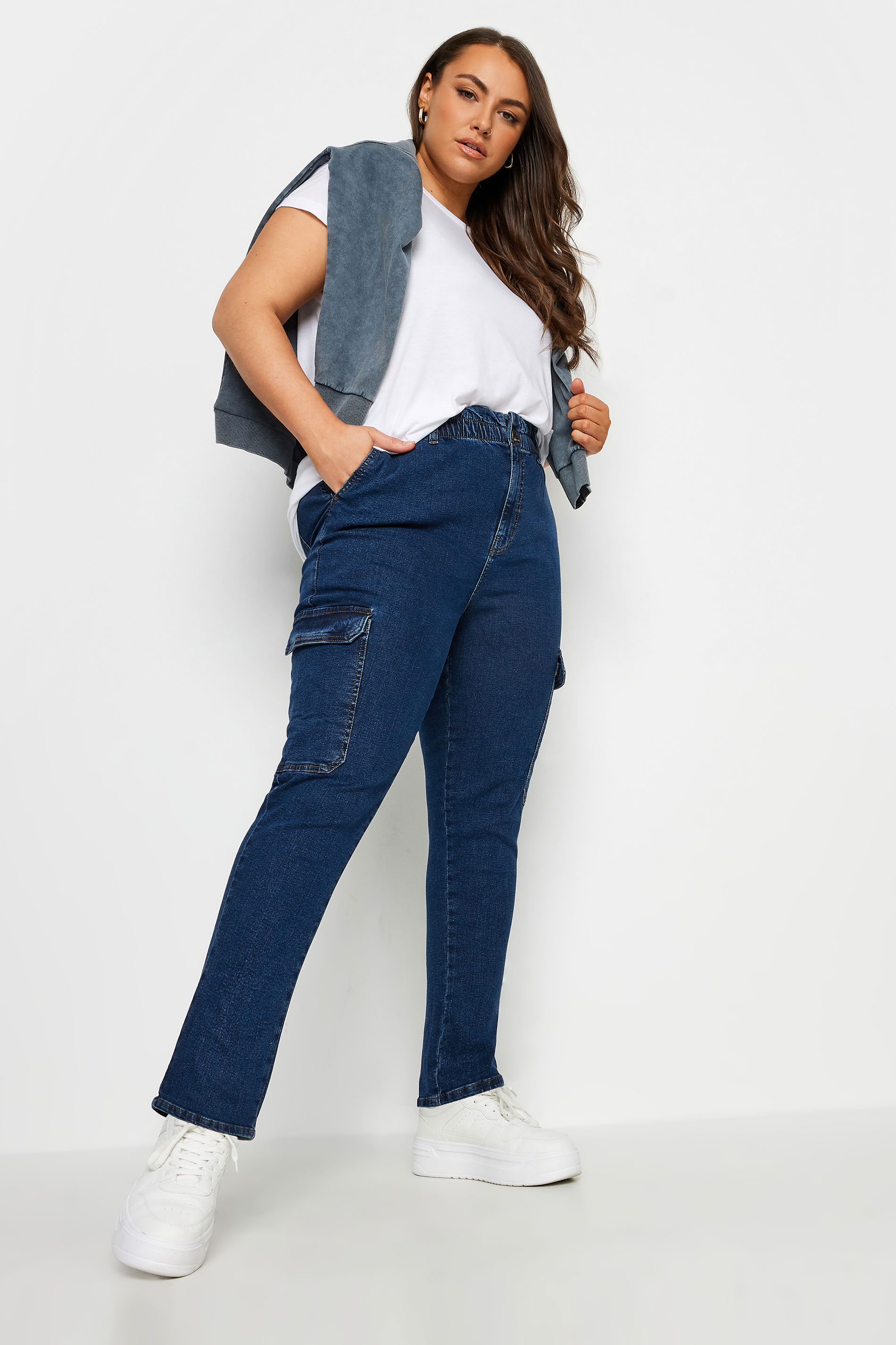 YOURS Curve Plus Size Dark Blue Cargo Mom Jeans | Yours Clothing  3
