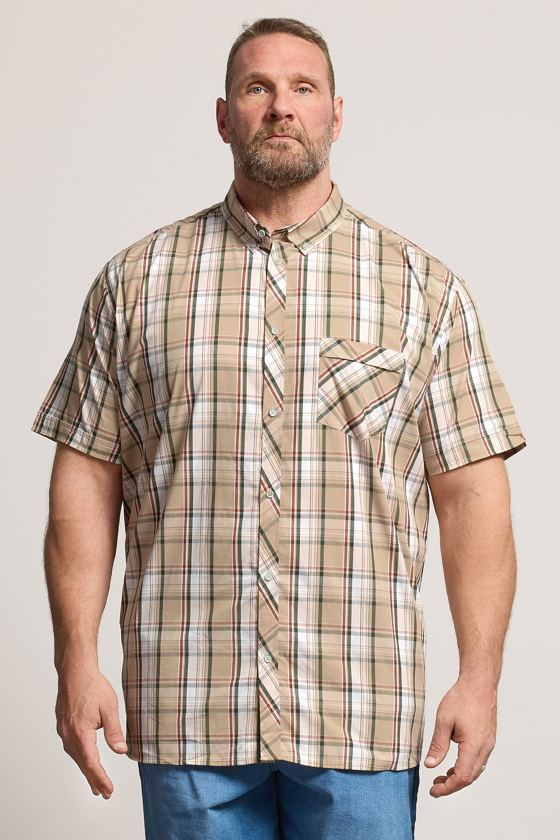 KAM Big & Tall Stone Brown Check Short Sleeve Shirt | BadRhino 3
