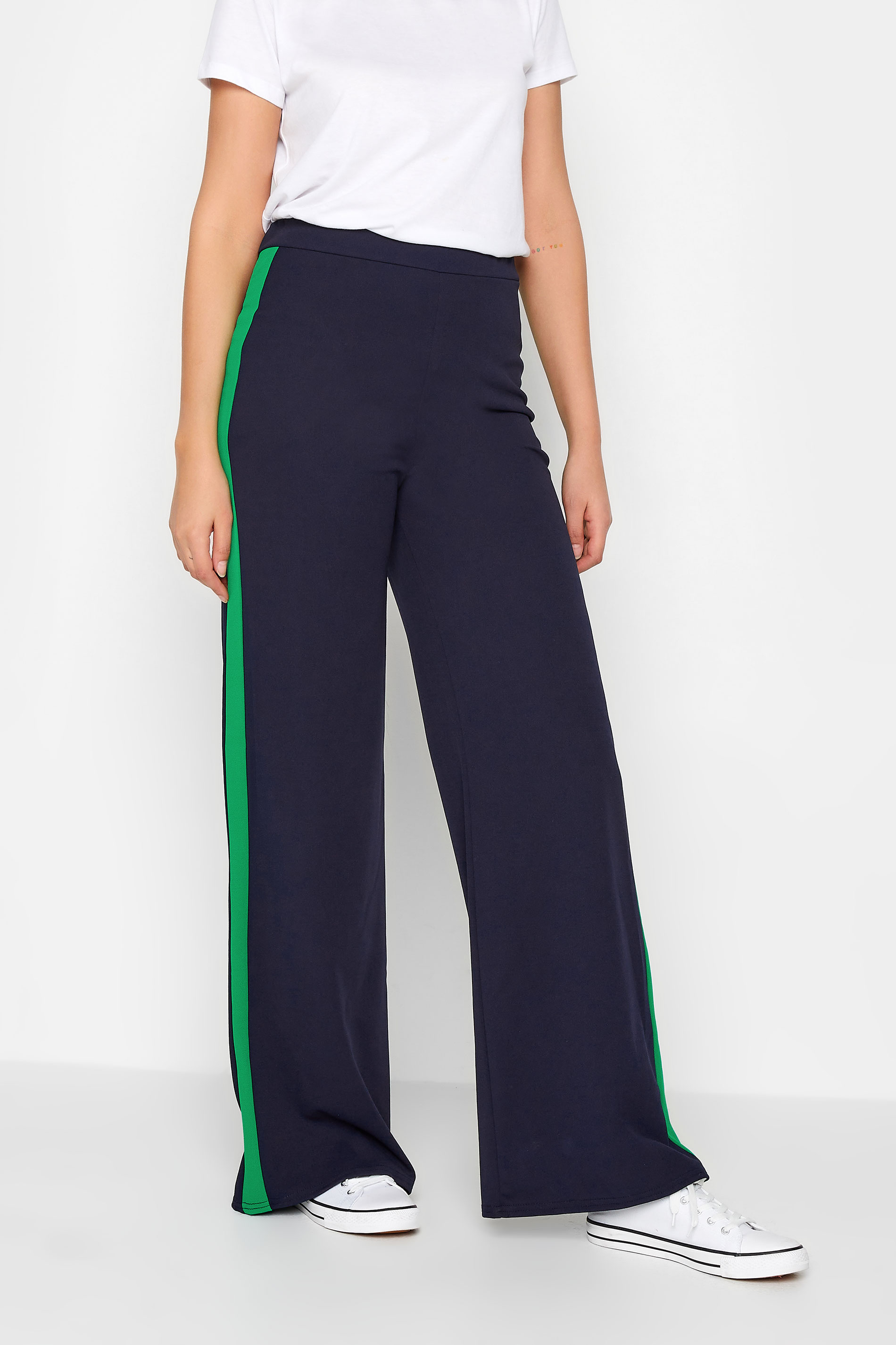 LTS Tall Womens Navy Blue & Green Stripe Wide Leg Trousers | Long Tall Sally 1