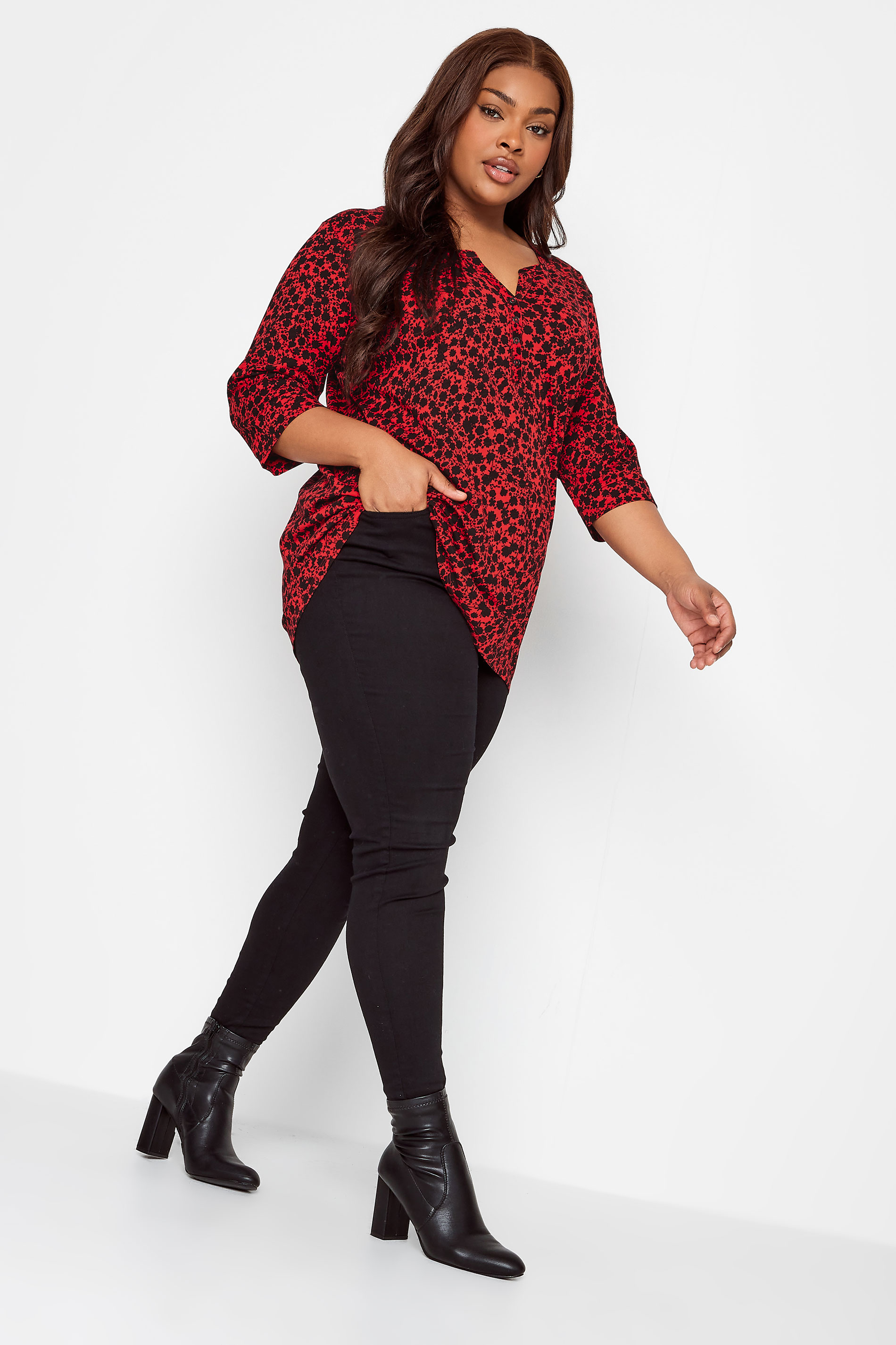 YOURS Plus Size Red Ditsy Floral Pintuck Henley T-Shirt | Yours Clothing  2