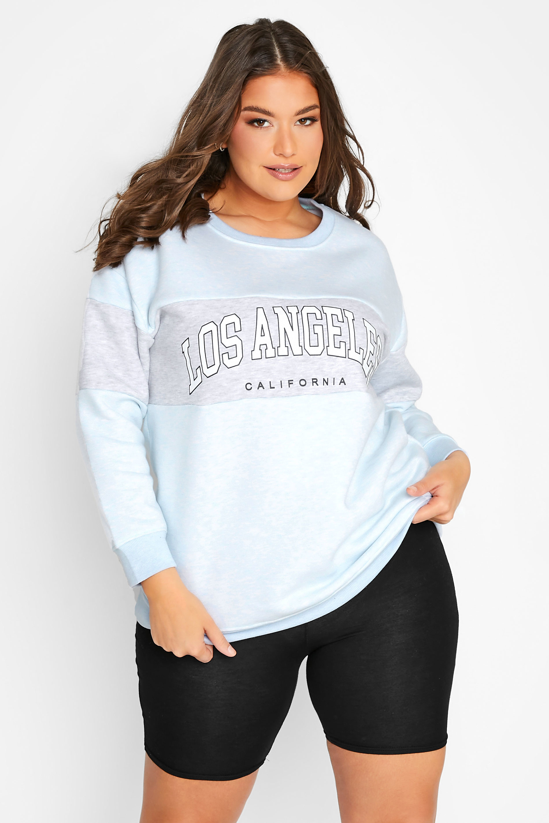 Plus Size Blue 'Los Angeles' Slogan Varsity Sweatshirt | Yours Clothing 1