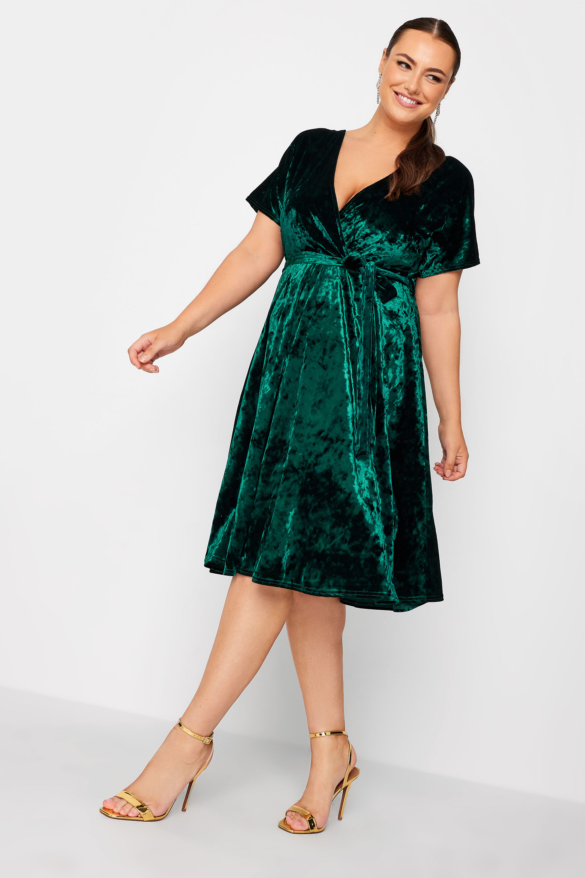 YOURS LONDON Plus Size Emerald Green Velvet Wrap Skater Dress | Yours Clothing 2
