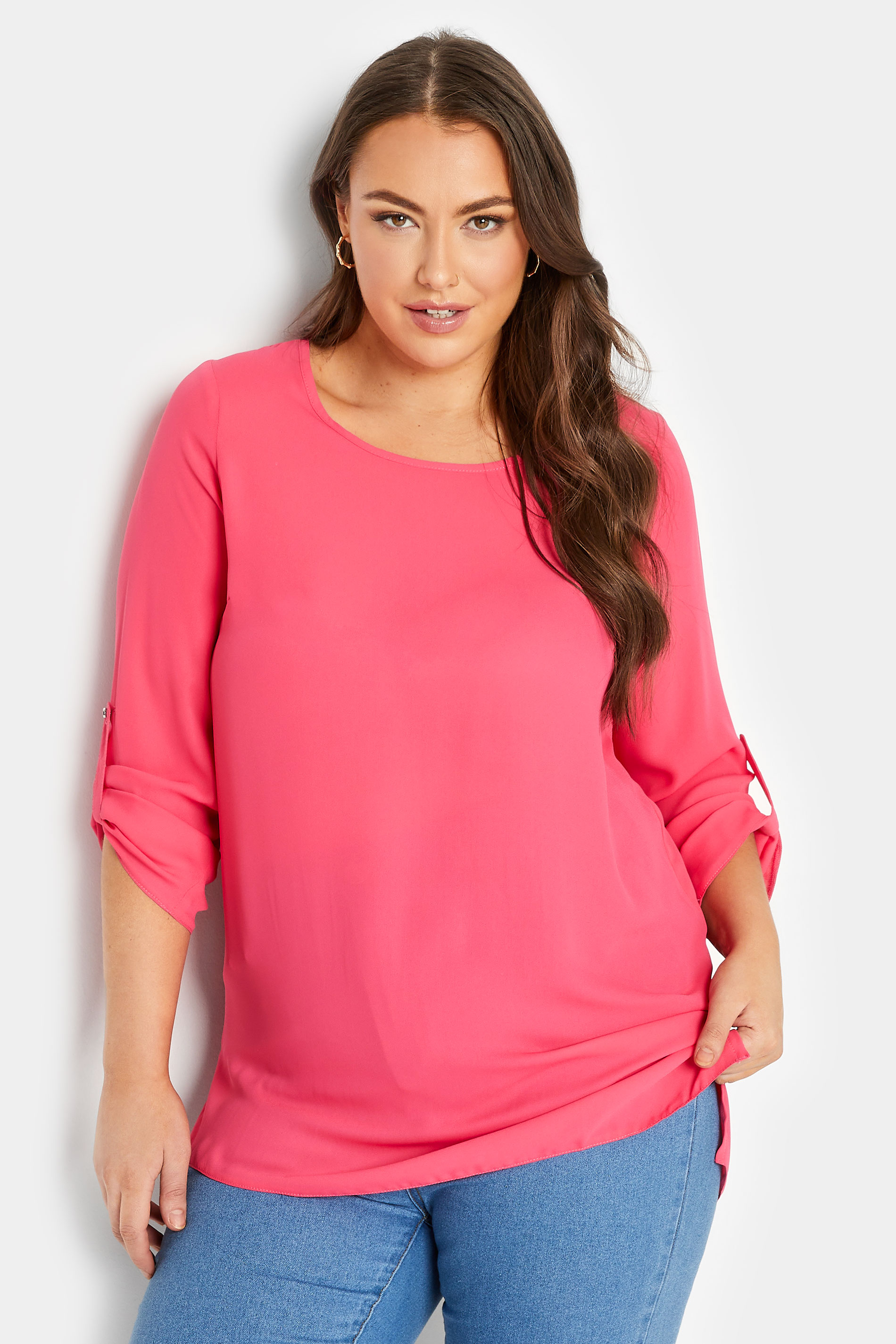 YOURS Plus Size Bright Pink Tab Sleeve Blouse | Yours Clothing 1