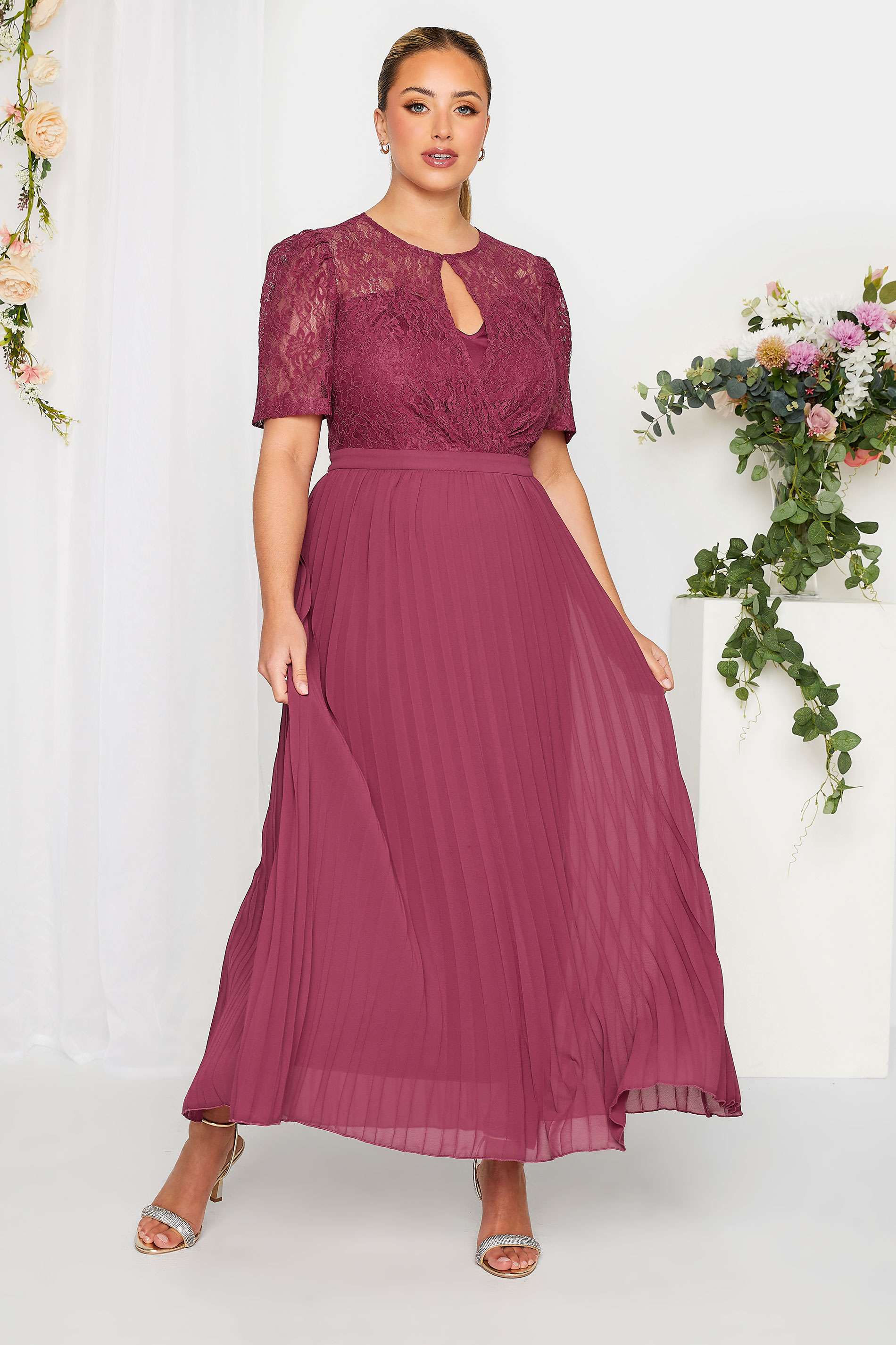 YOURS LONDON Plus Size Burgundy Red Lace Puff Sleeve Pleated Maxi Dress | Yours Clothing 1
