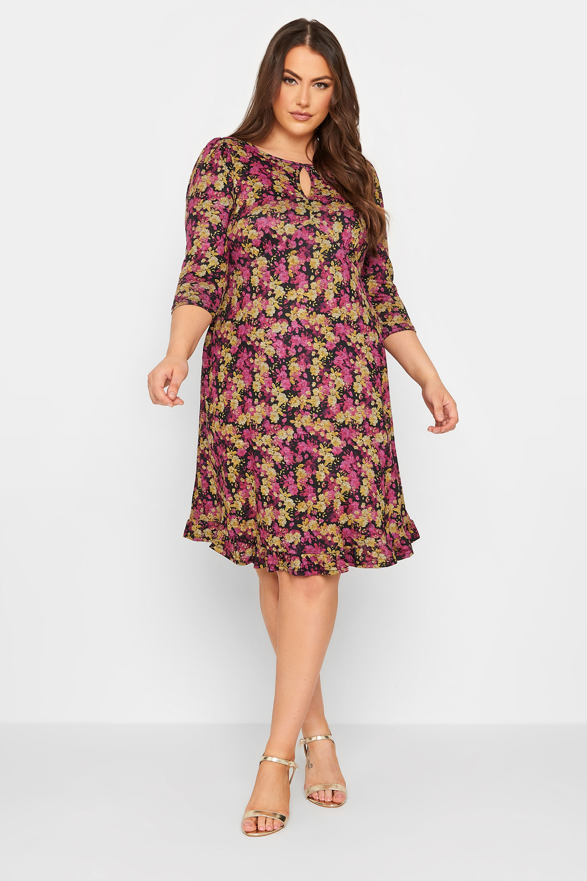 Plus Size Curve Black & Pink Floral Midi Dress | Yours Clothing 1