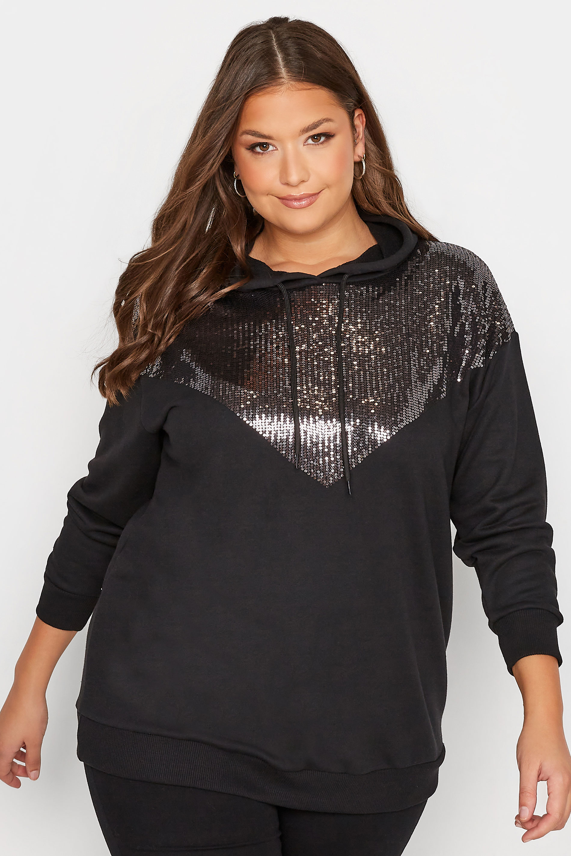 Plus Size Black Sequin Hoodie | Yours Clothing 1