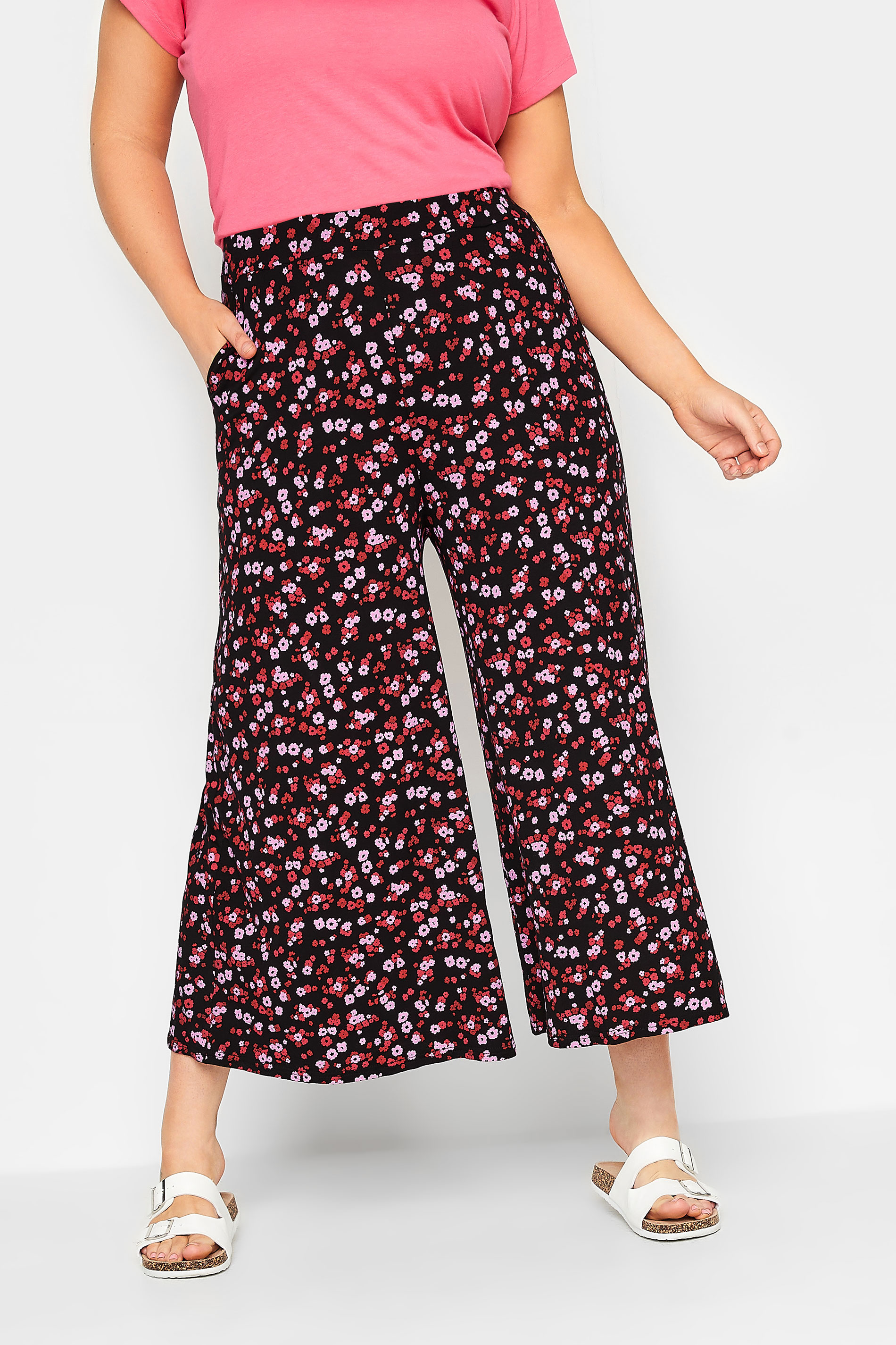 YOURS Curve Red and Pink Floral Midaxi Culottes | Yours Clothing 1