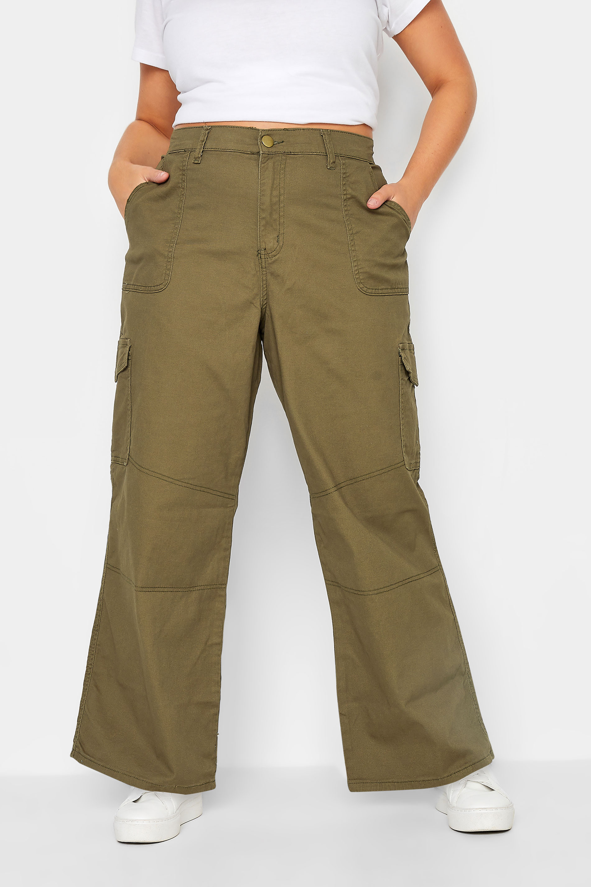 Petite Khaki Green Twill Cargo Trousers | PixieGirl 1