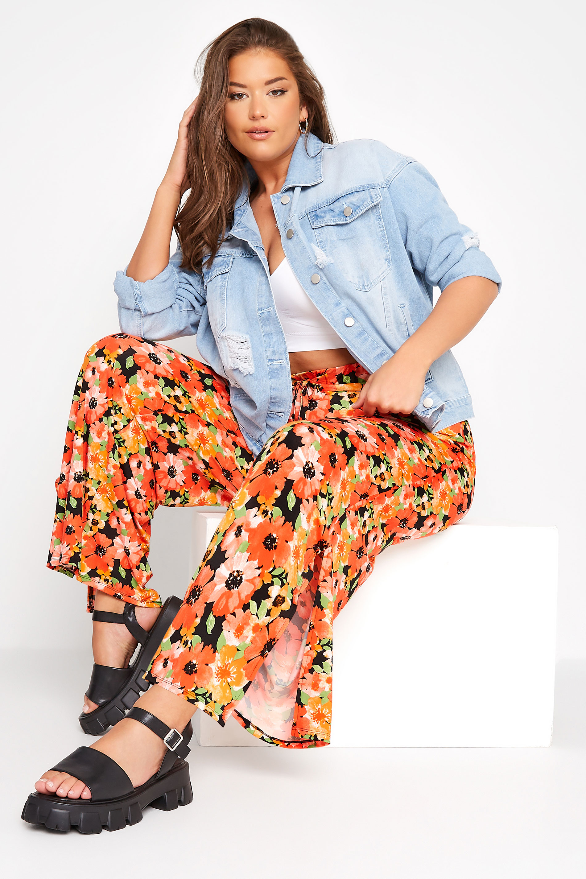 Plus Size Orange Floral Print Tie Wide Leg Trousers | Yours Clothing 3