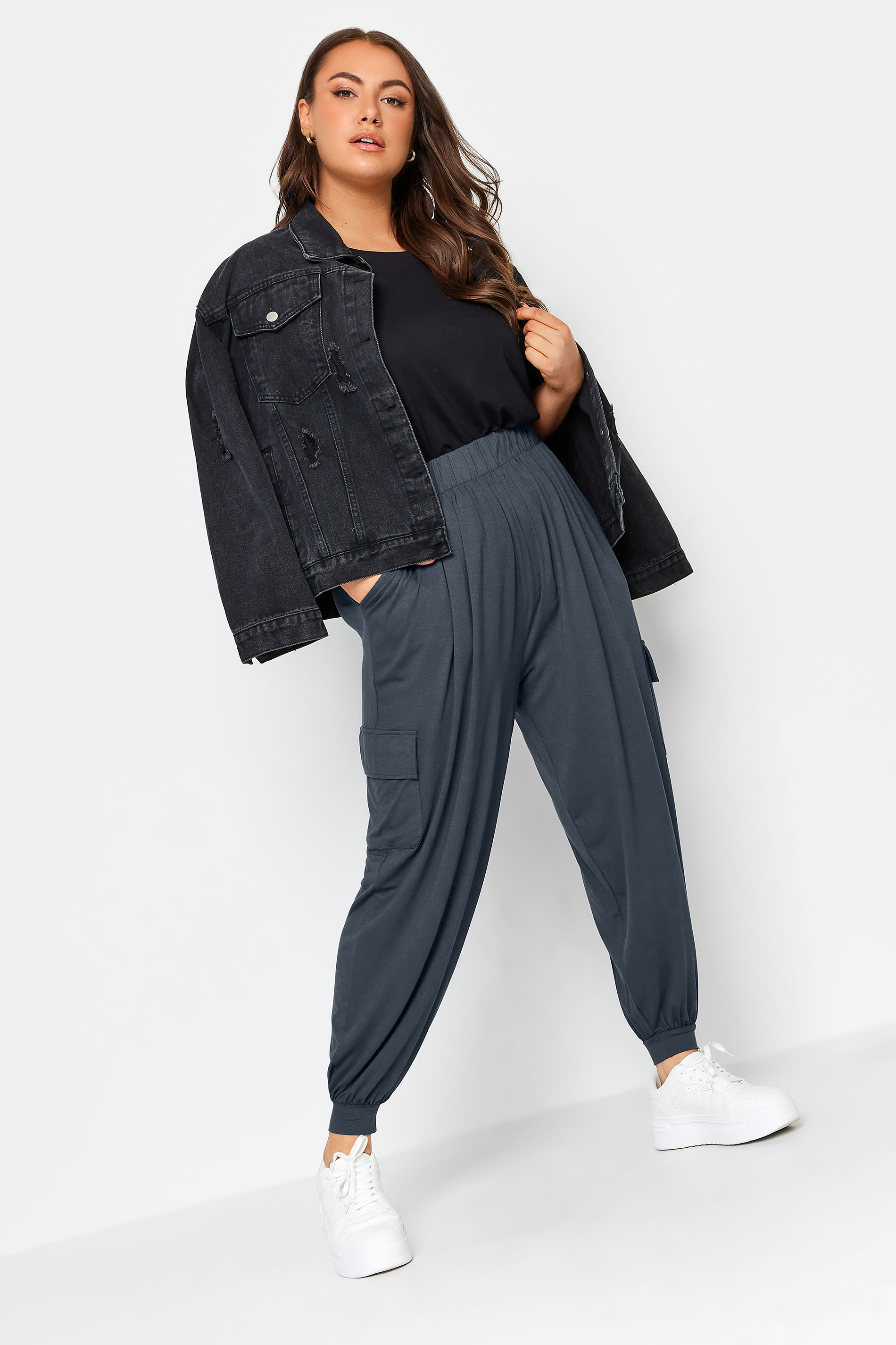 YOURS Plus Size Grey Jersey Harem Cargo Trousers | Yours Clothing 2