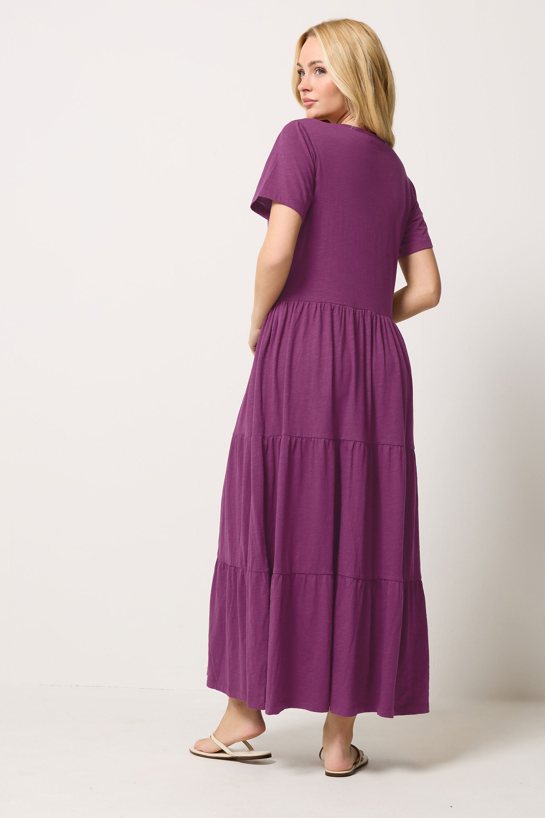 M&Co Berry Purple Notch Neck Tiered Cotton Maxi Dress | M&Co 2