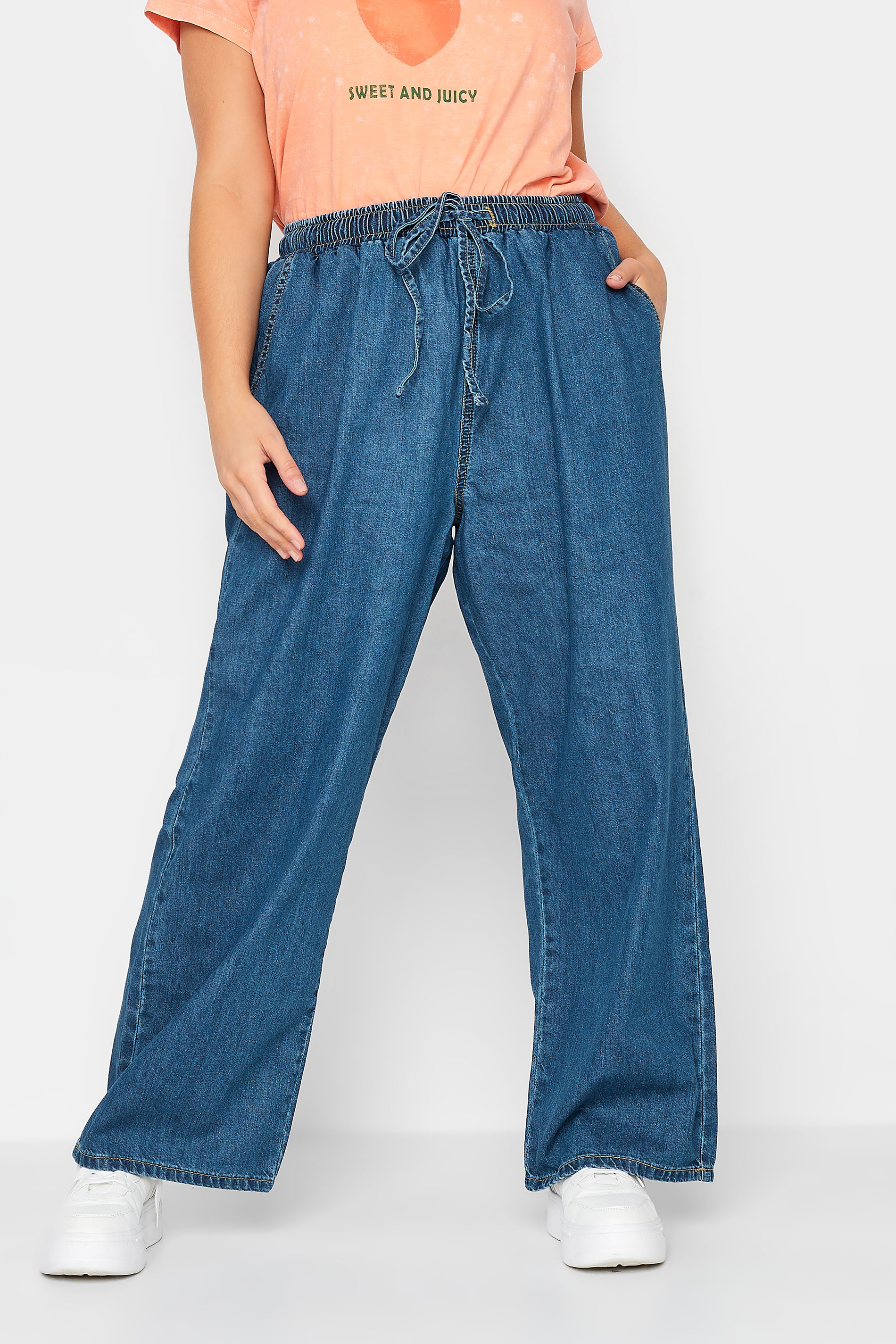 YOURS Plus Size Mid Blue Pull On Wide Leg Jeans | Yours Clothing 1