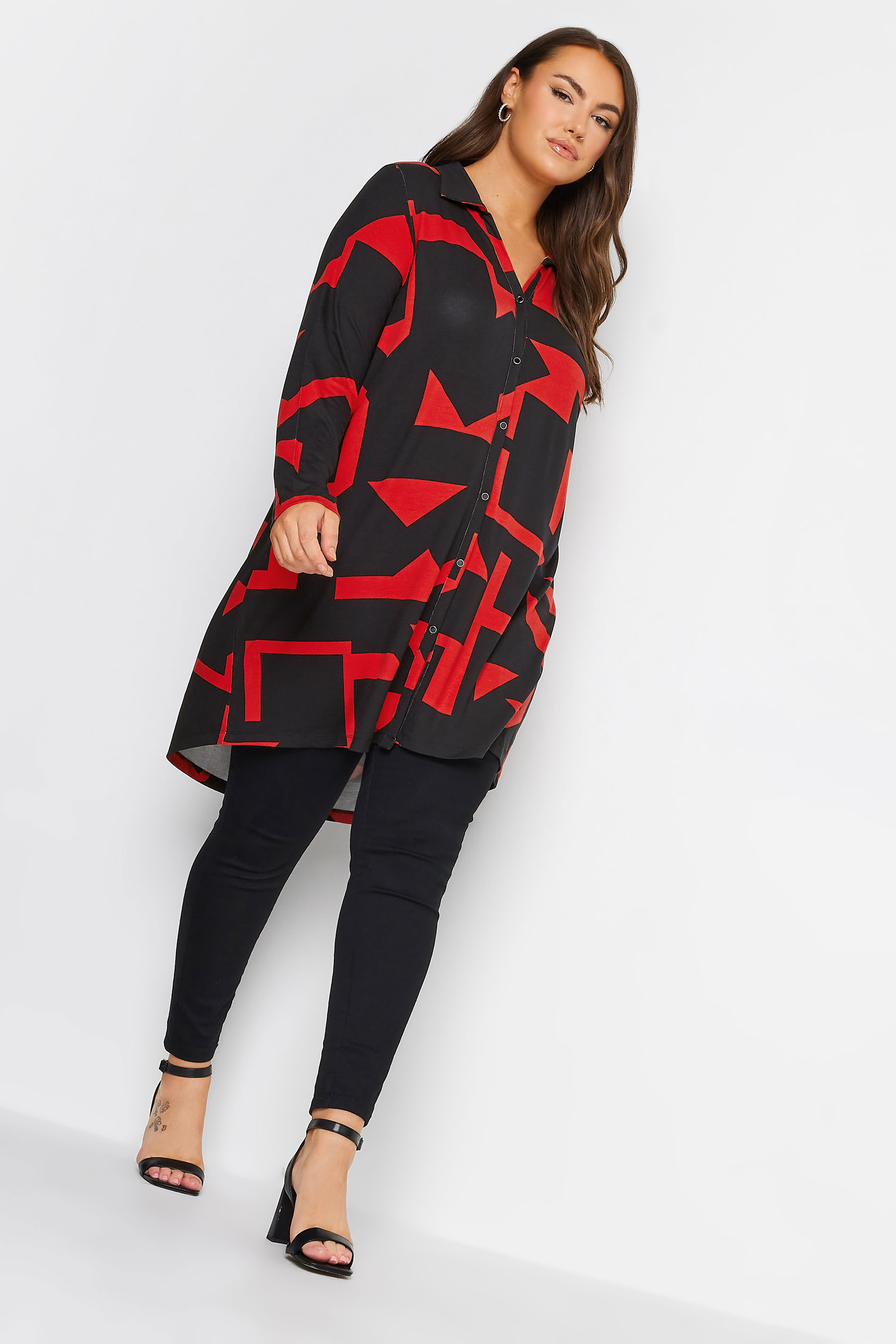 YOURS Curve Plus Size Black & Red Geometric Print Tunic Shirt | Yours Clothing  3
