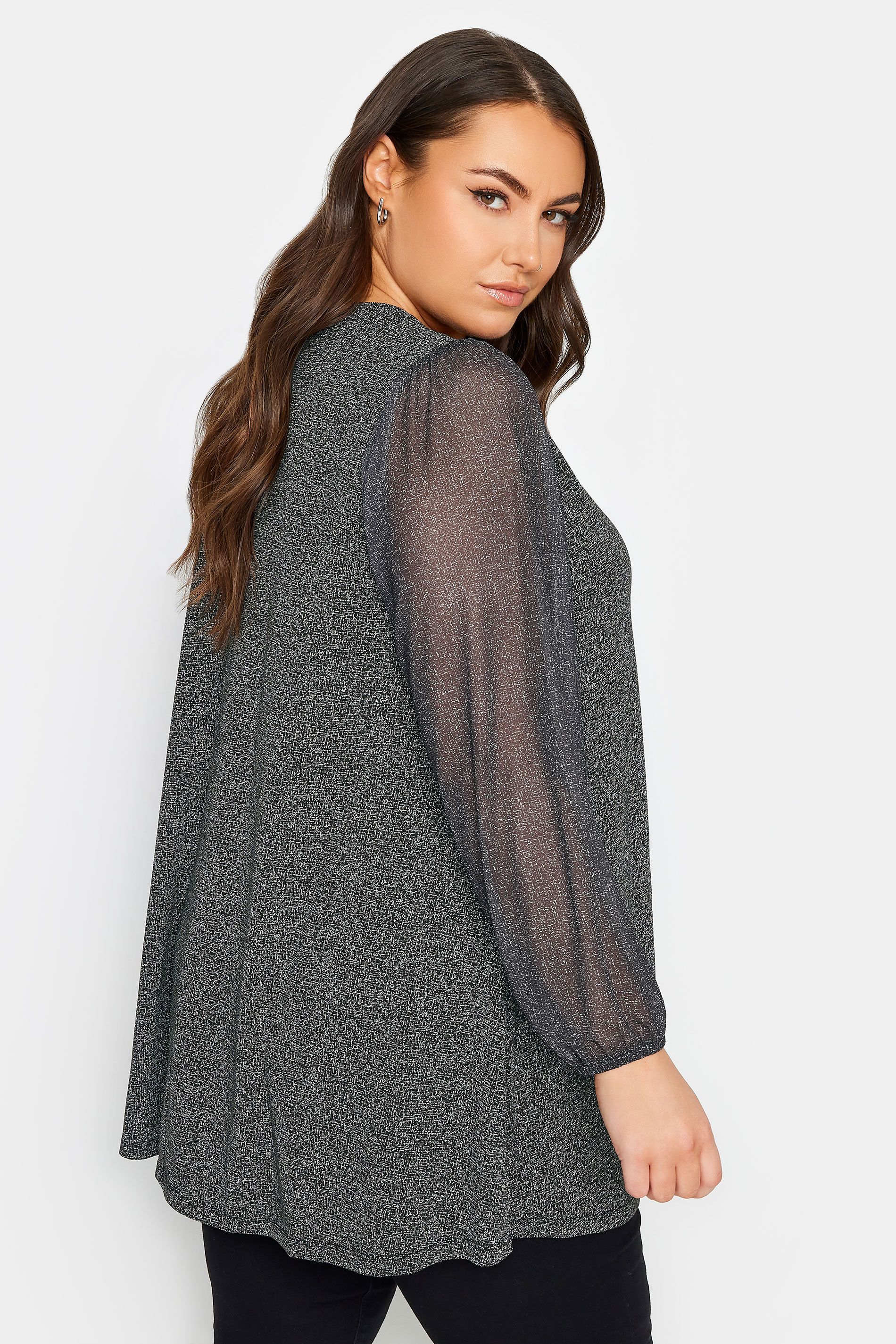 YOURS Plus Size Grey Mesh Sleeve Pleated Top | Yours Clothing 3