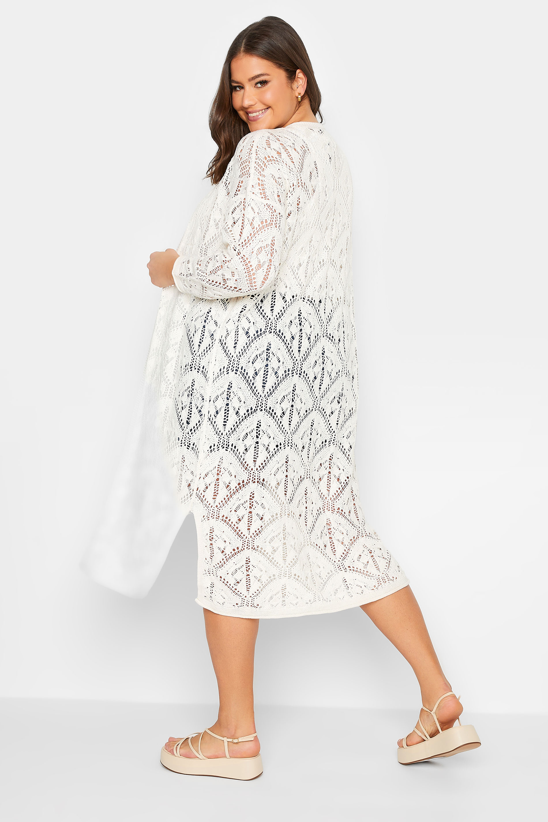 YOURS Curve Plus Size White Crochet Maxi Cardigan | Yours Clothing  3