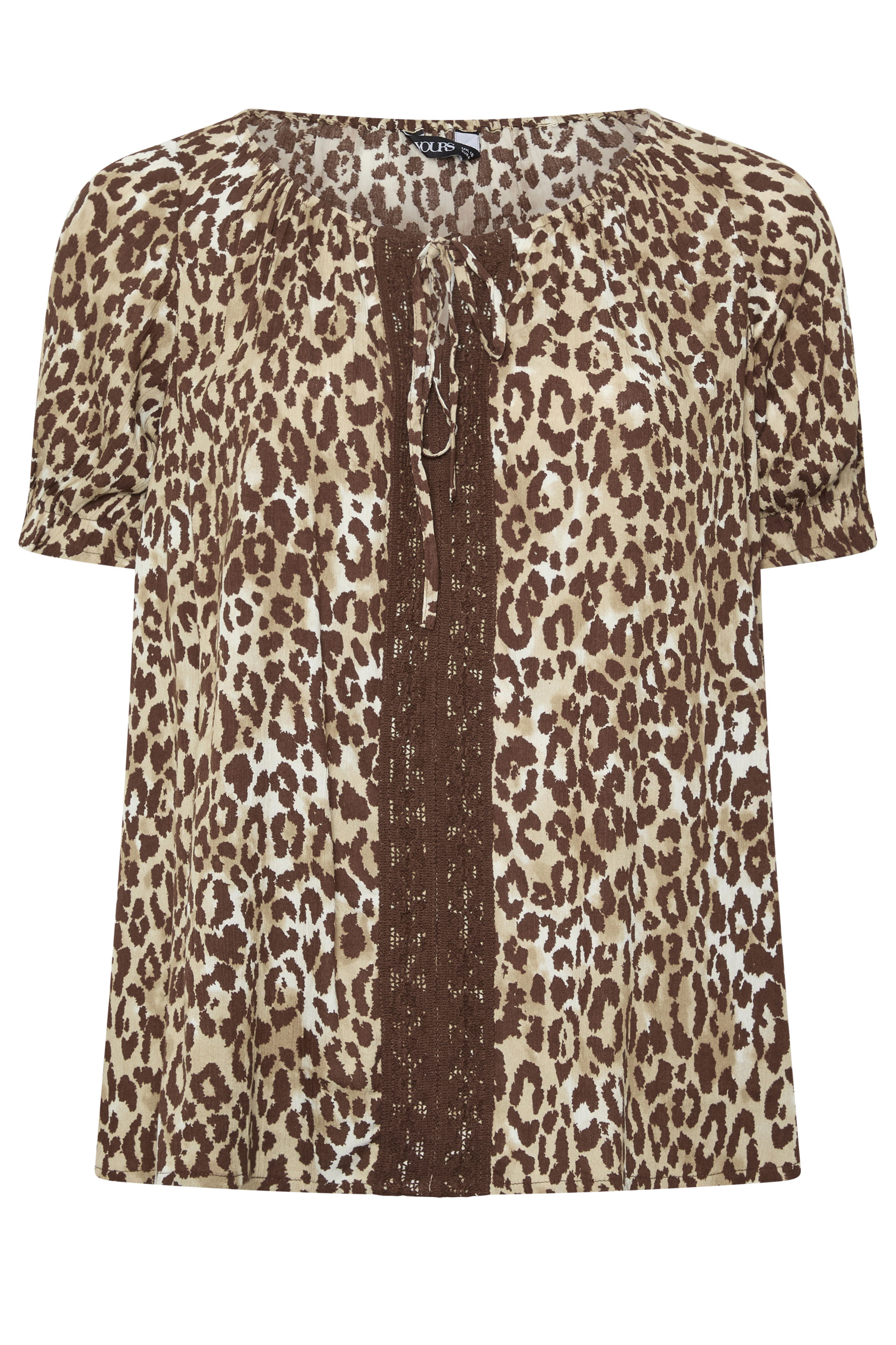 YOURS Plus Size Brown Leopard Crochet Tie Front Top | Yours Clothing 1