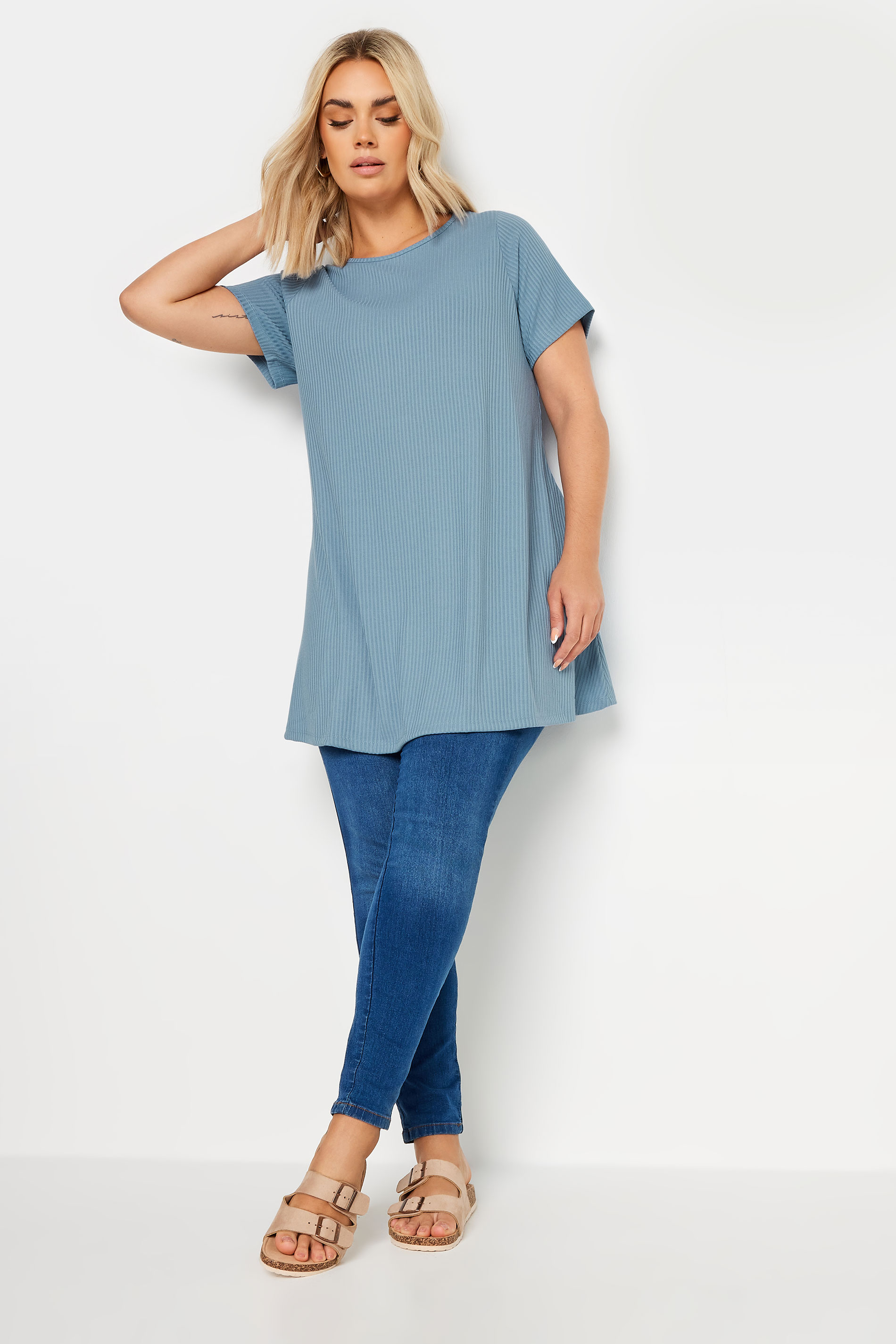 YOURS Plus Size Blue Ribbed Short Sleeve Swing Top | Yours Clothing 2