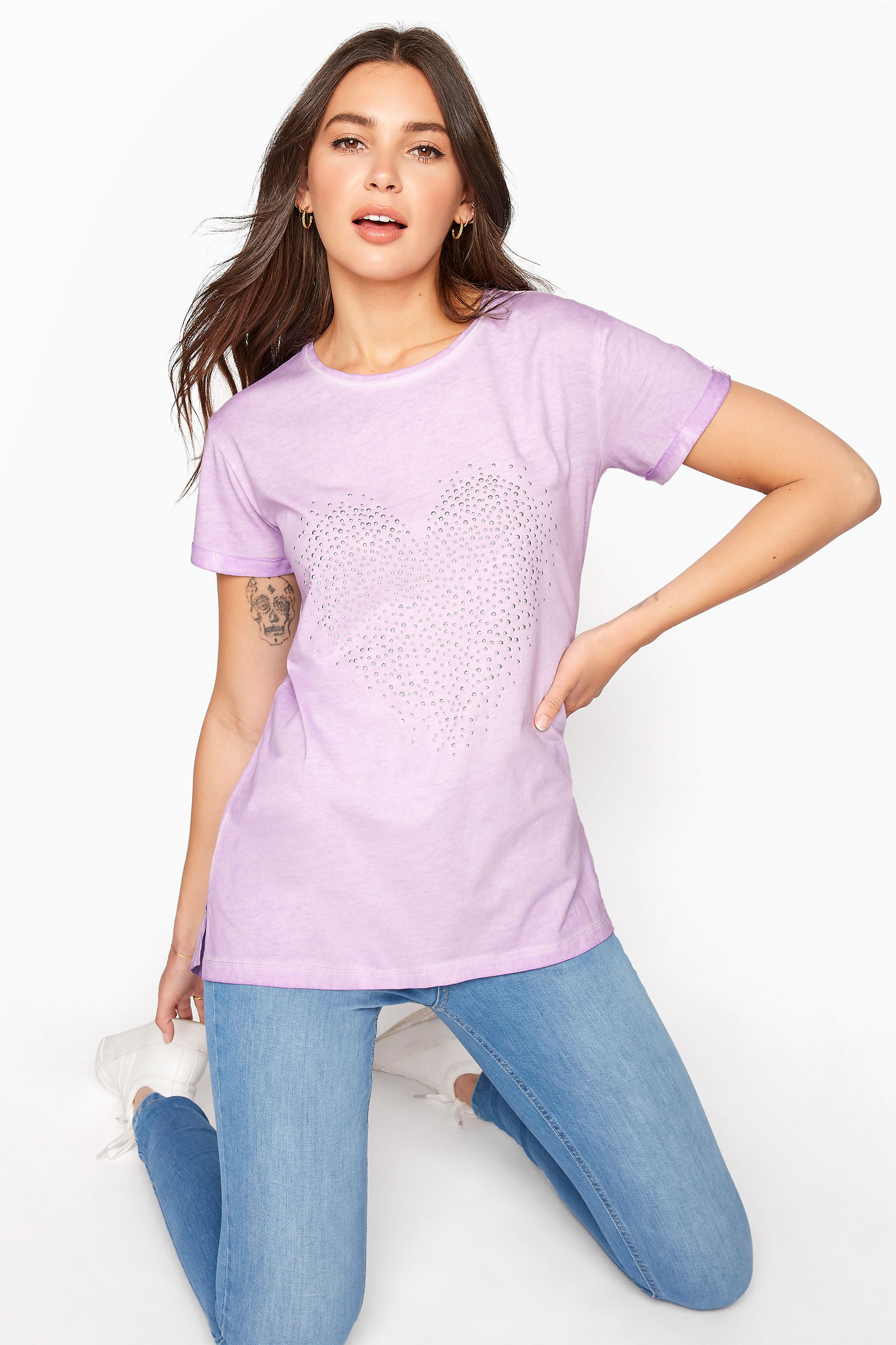 LTS Tall Purple Lilac Heart Studded T-Shirt 1