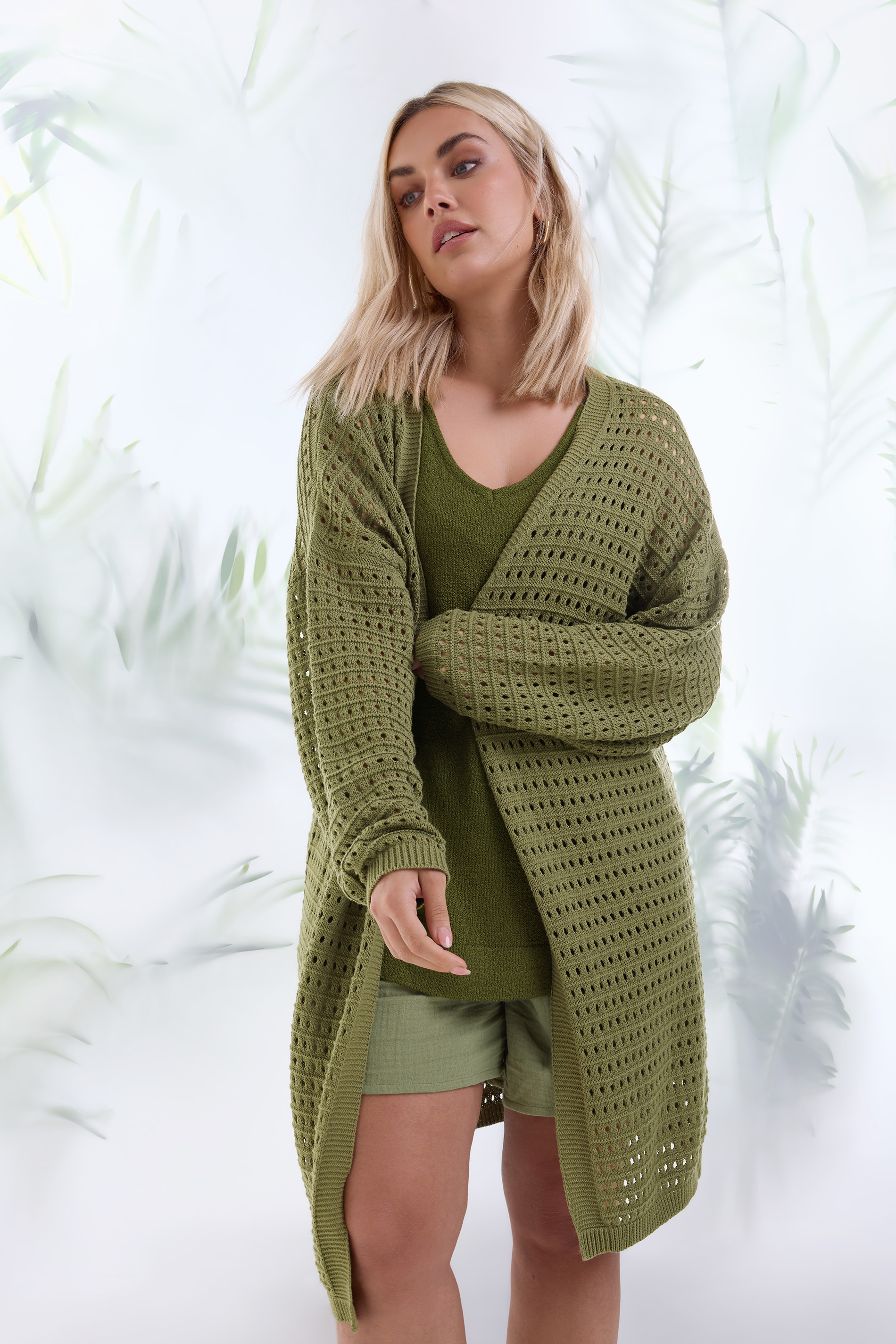 YOURS Plus Size Khaki Green Crochet Cardigan | Yours Clothing 1