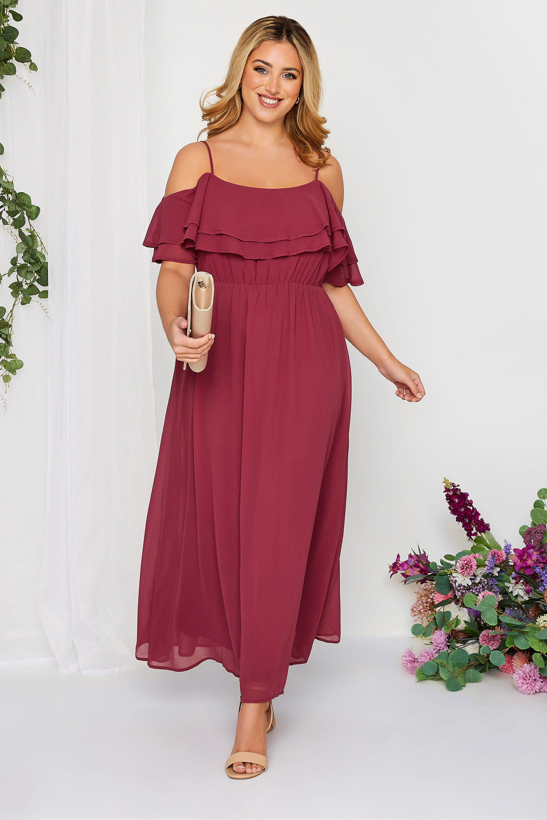 YOURS LONDON Plus Size Burgundy Red Bardot Ruffle Maxi Dress | Yours Clothing 1
