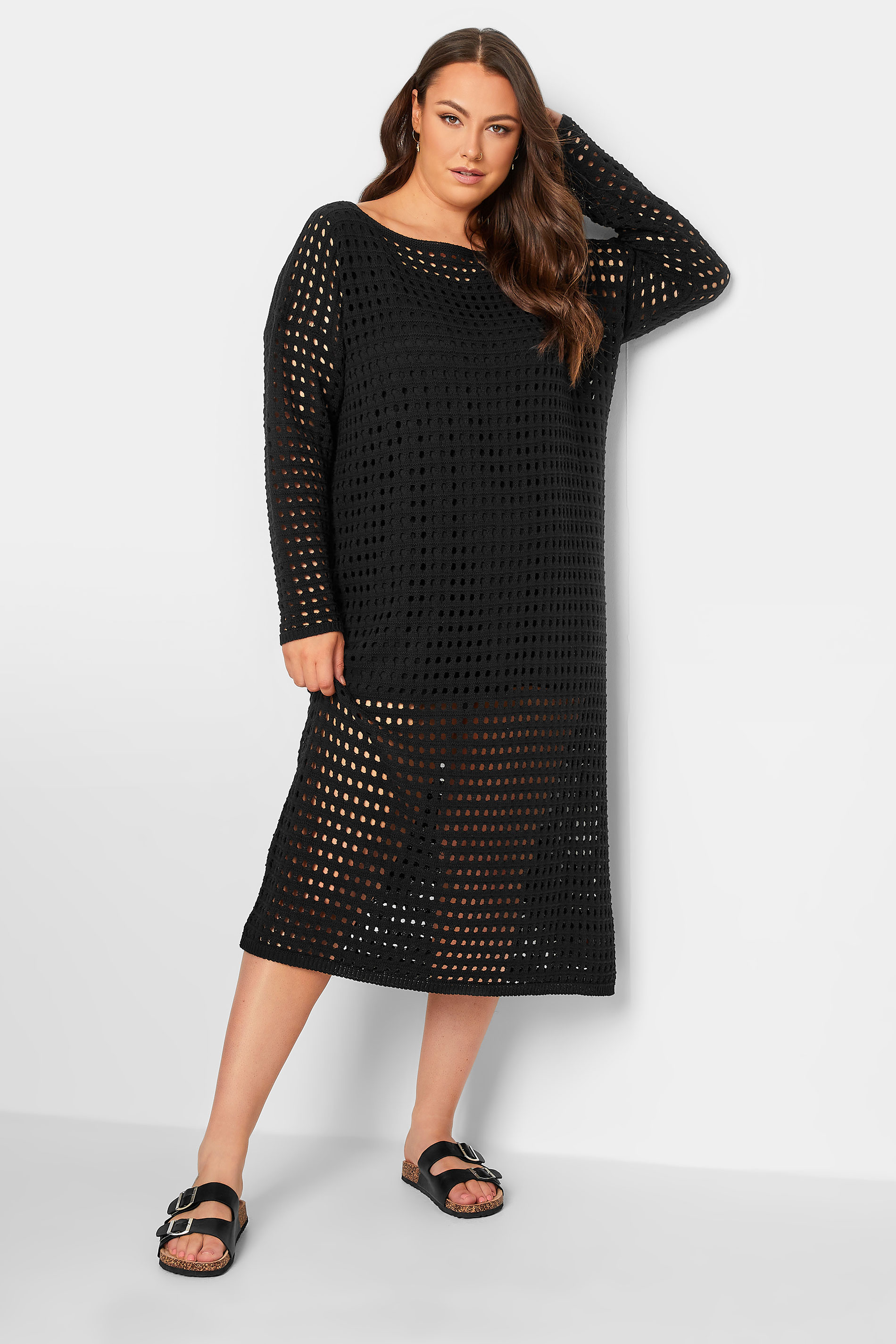 YOURS Curve Black Crochet Midaxi Dress | Yours Clothing 1