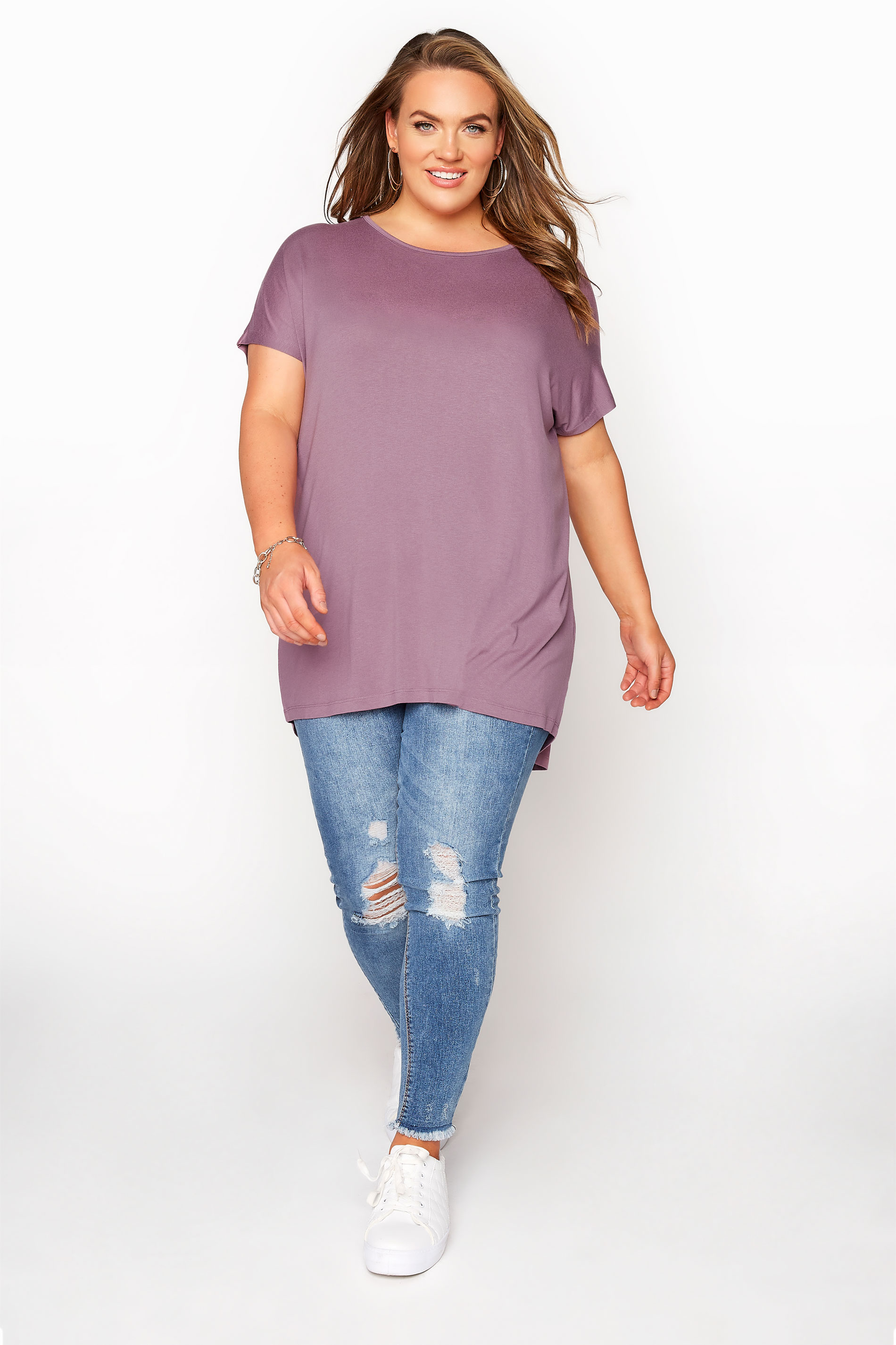 Grande taille  Tops Grande taille  T-Shirts | T-Shirt Mauve Ourlet Plongeant Manches Courtes - UB79297