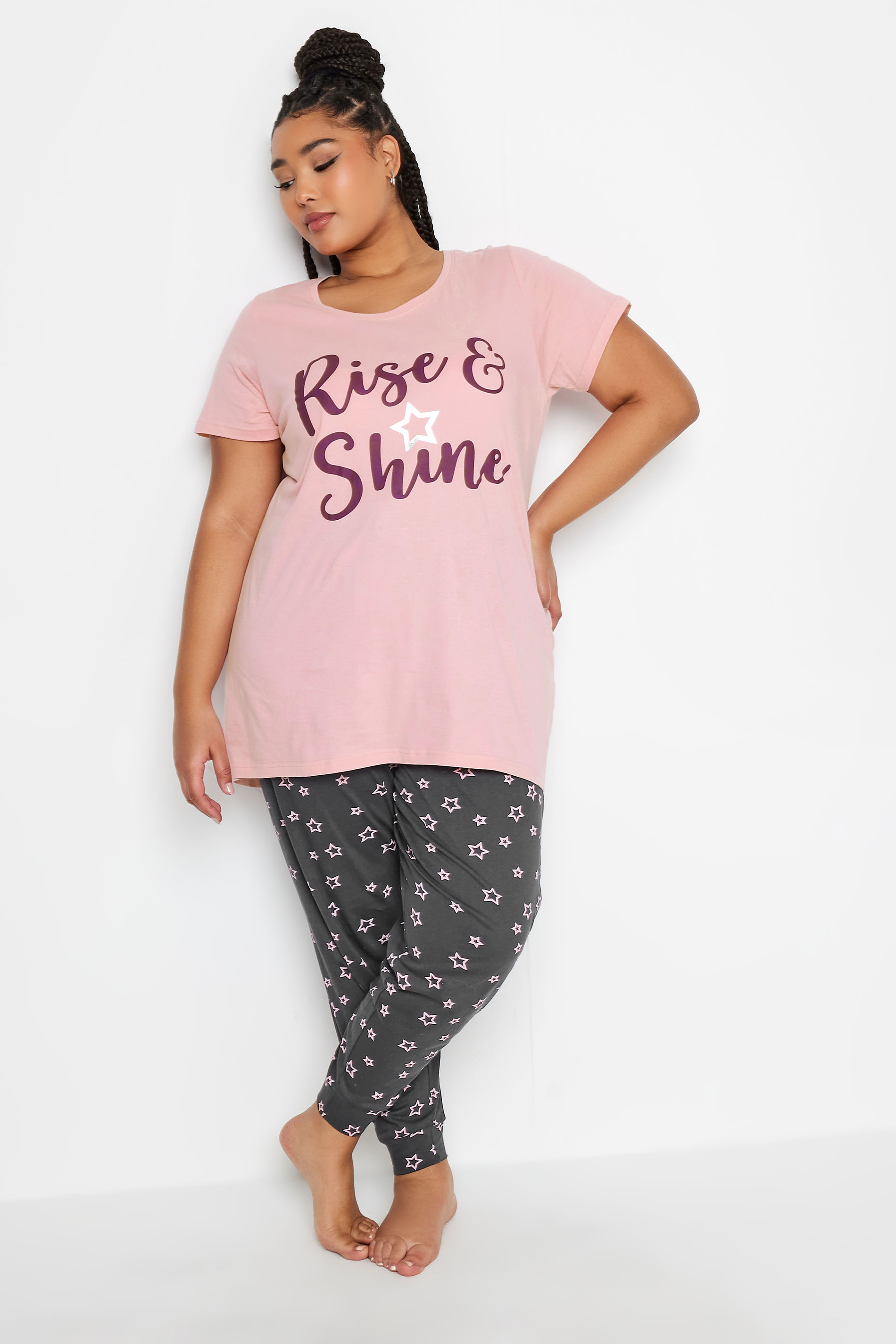 YOURS Plus Size Pink 'Rise & Shine' Star Print Pyjama Set | Yours Clothing 2