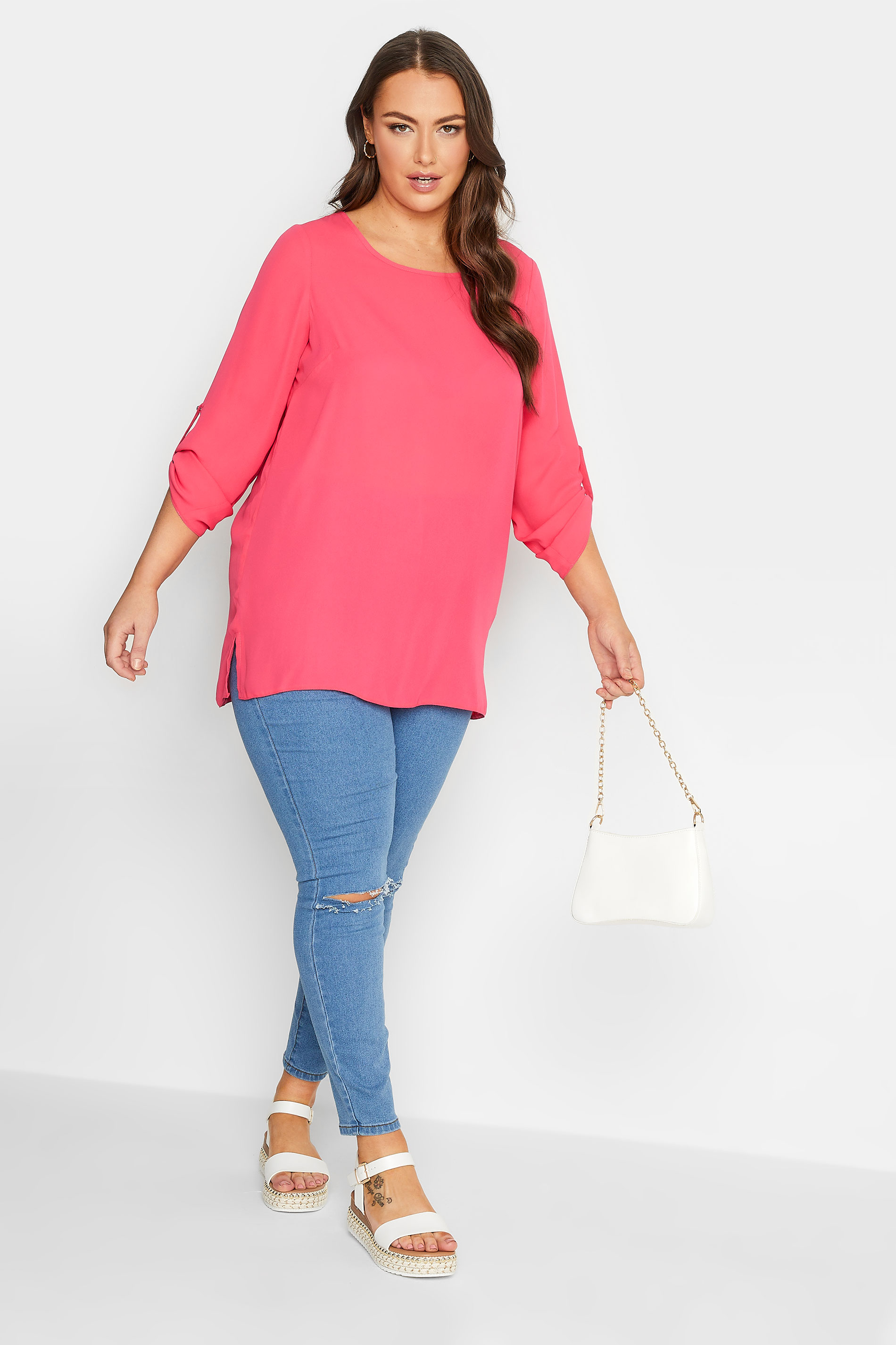 YOURS Plus Size Bright Pink Tab Sleeve Blouse | Yours Clothing 2