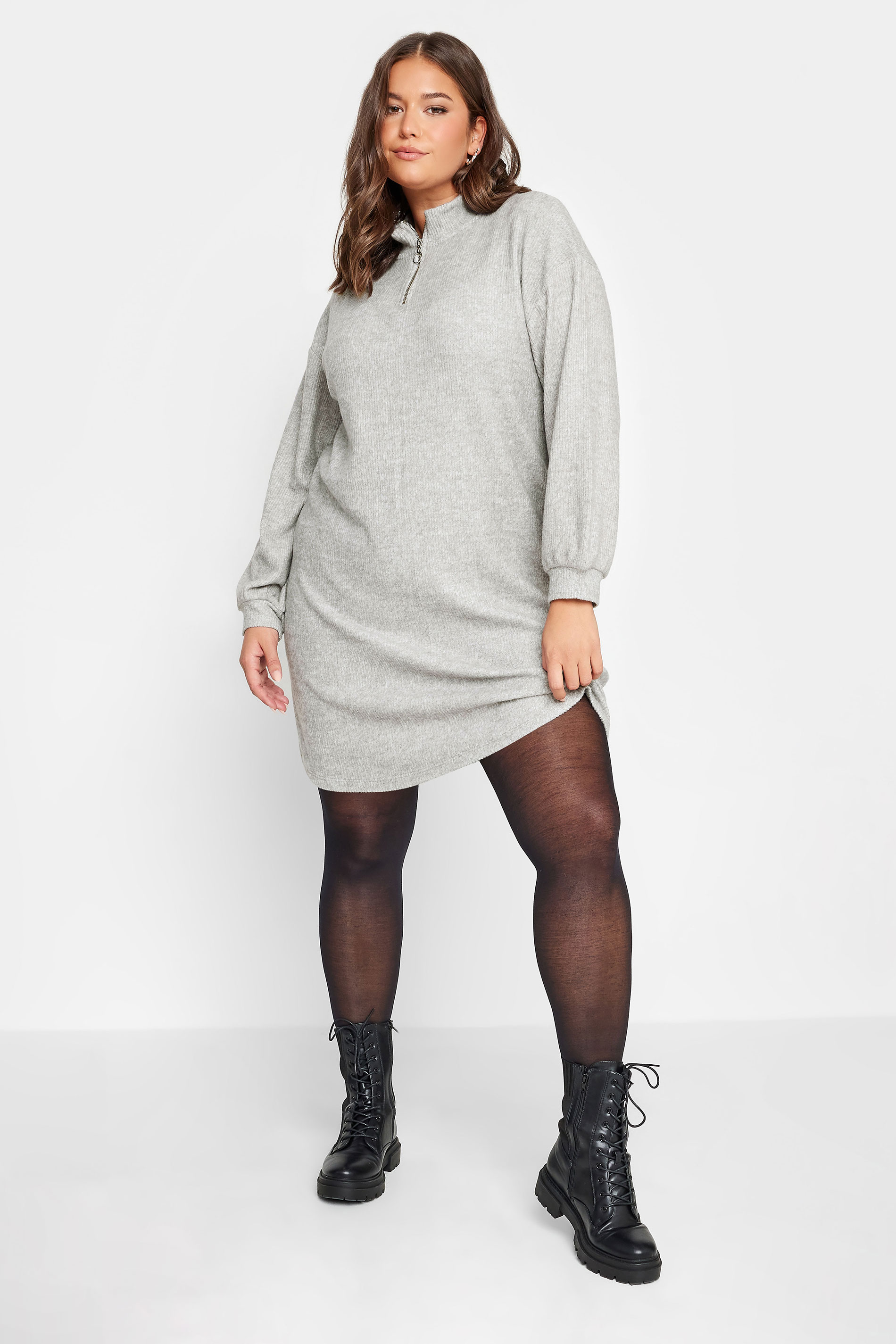 Product Video For YOURS Plus Size Grey Soft Touch Zip Neck Jumper Dress | Yours Clothing 1