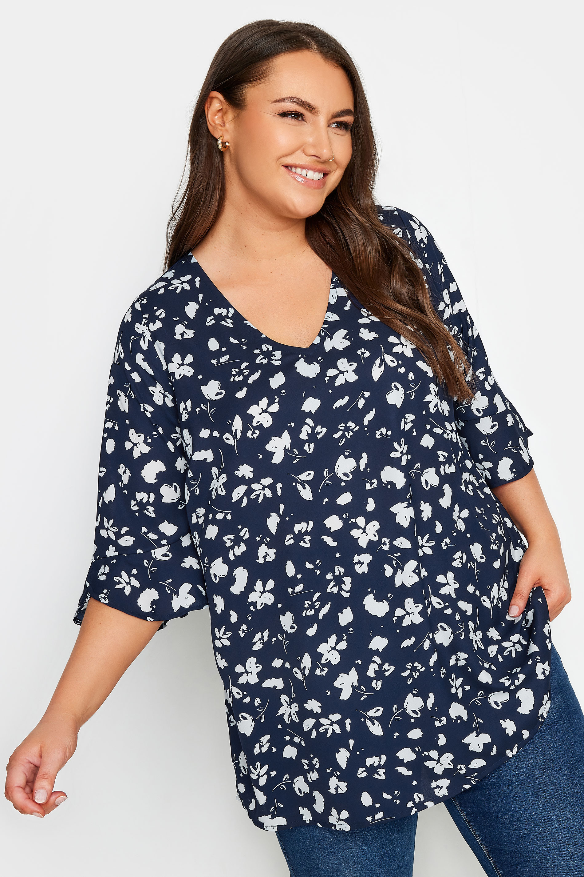 YOURS Plus Size Navy Blue Floral Print Swing Top | Yours Clothing