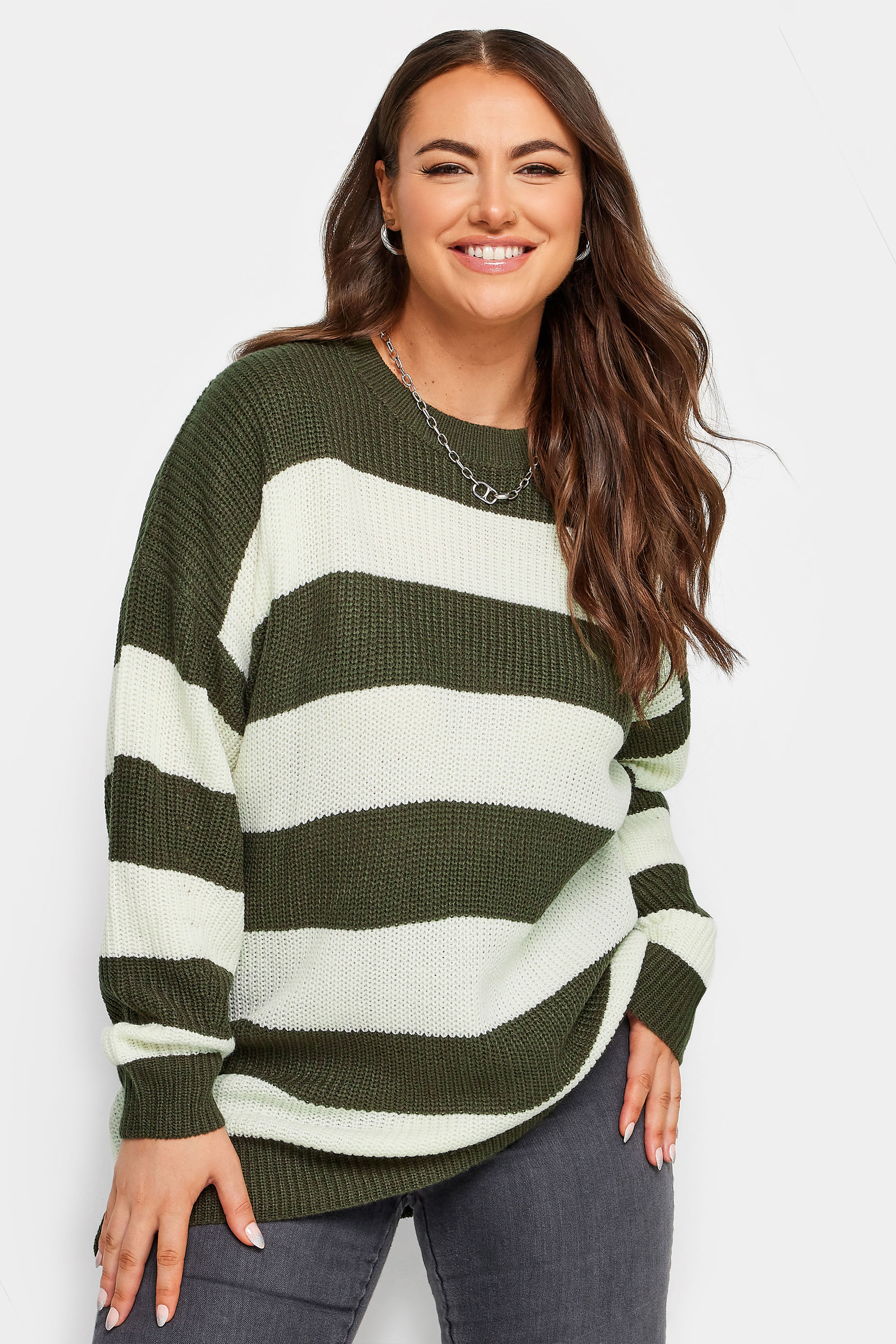 YOURS Plus Size Green Stripe Ribbed Knit Jumper | Yours Clothing 1