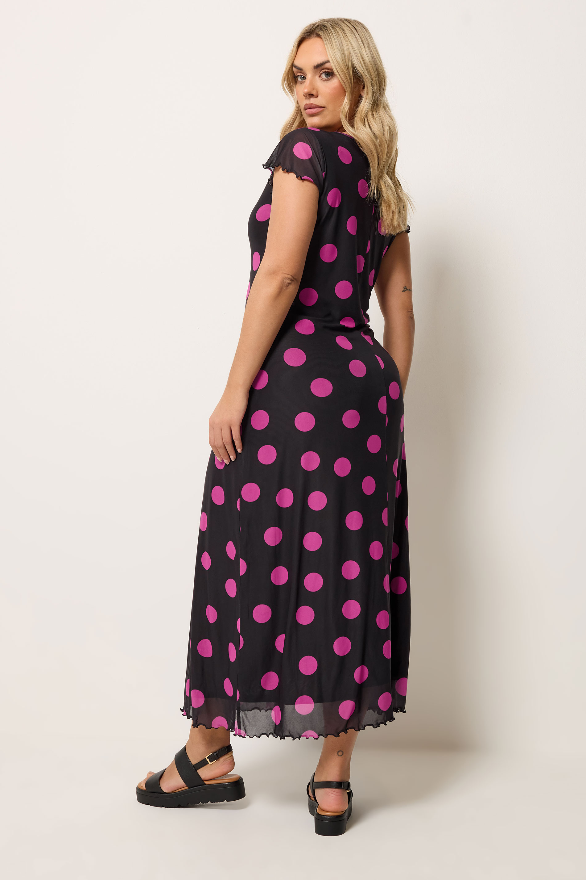 YOURS Plus Size Black & Pink Polka Dot Mesh Maxi Dress | Yours Clothing 2