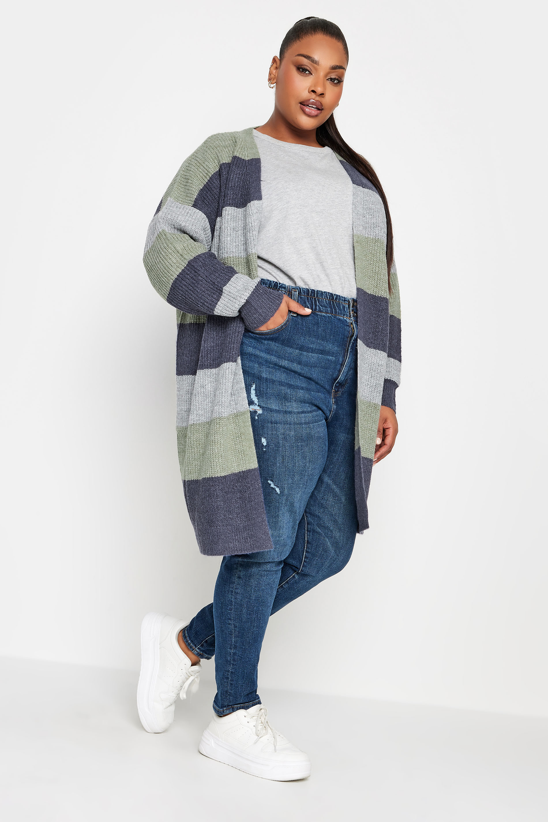 YOURS Plus Size Navy Blue Stripe Knitted Longline Cardigan | Yours Clothing 1