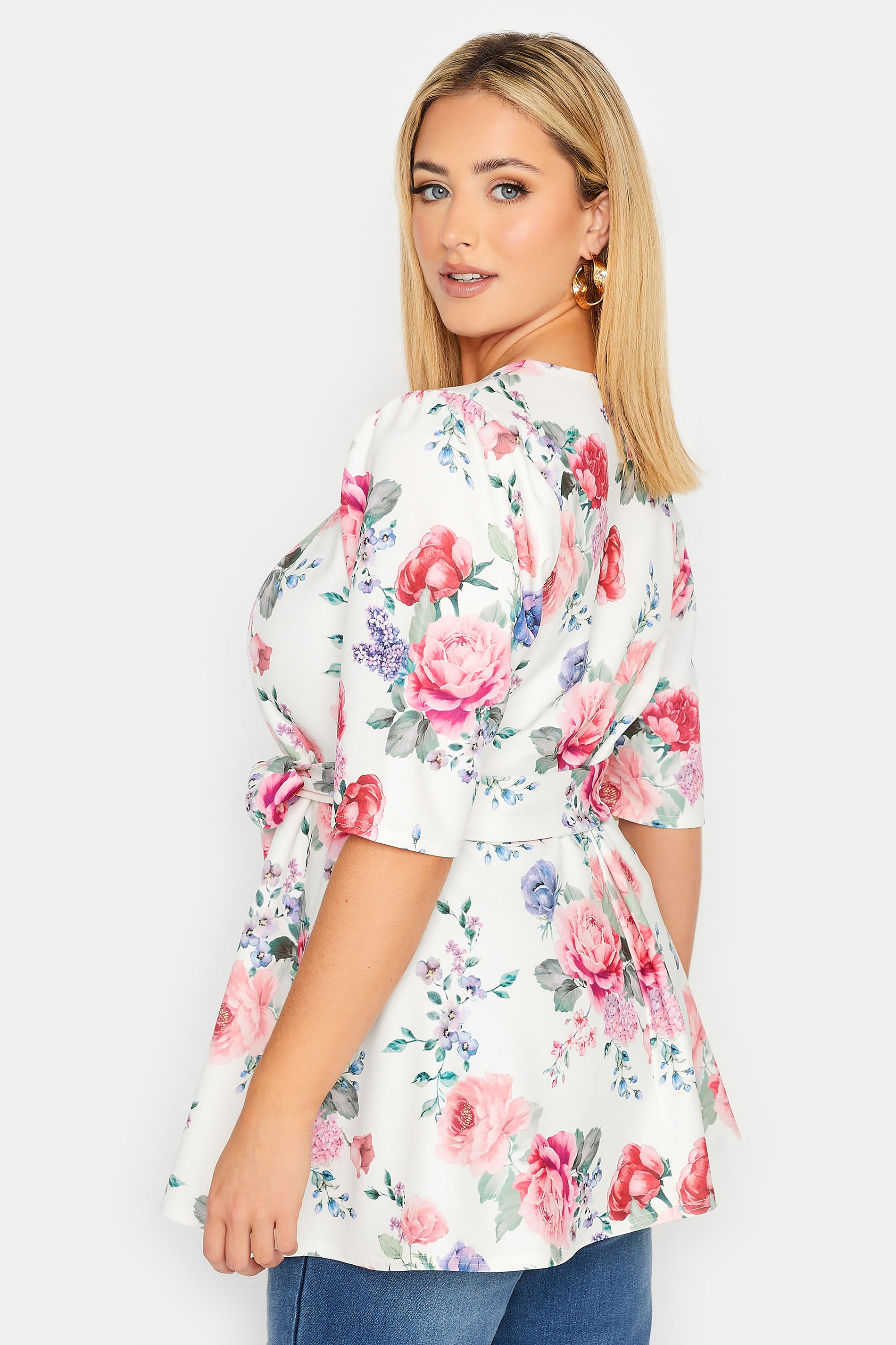 YOURS LONDON Plus Size White & Pink Floral Print Peplum Top | Yours Clothing 3