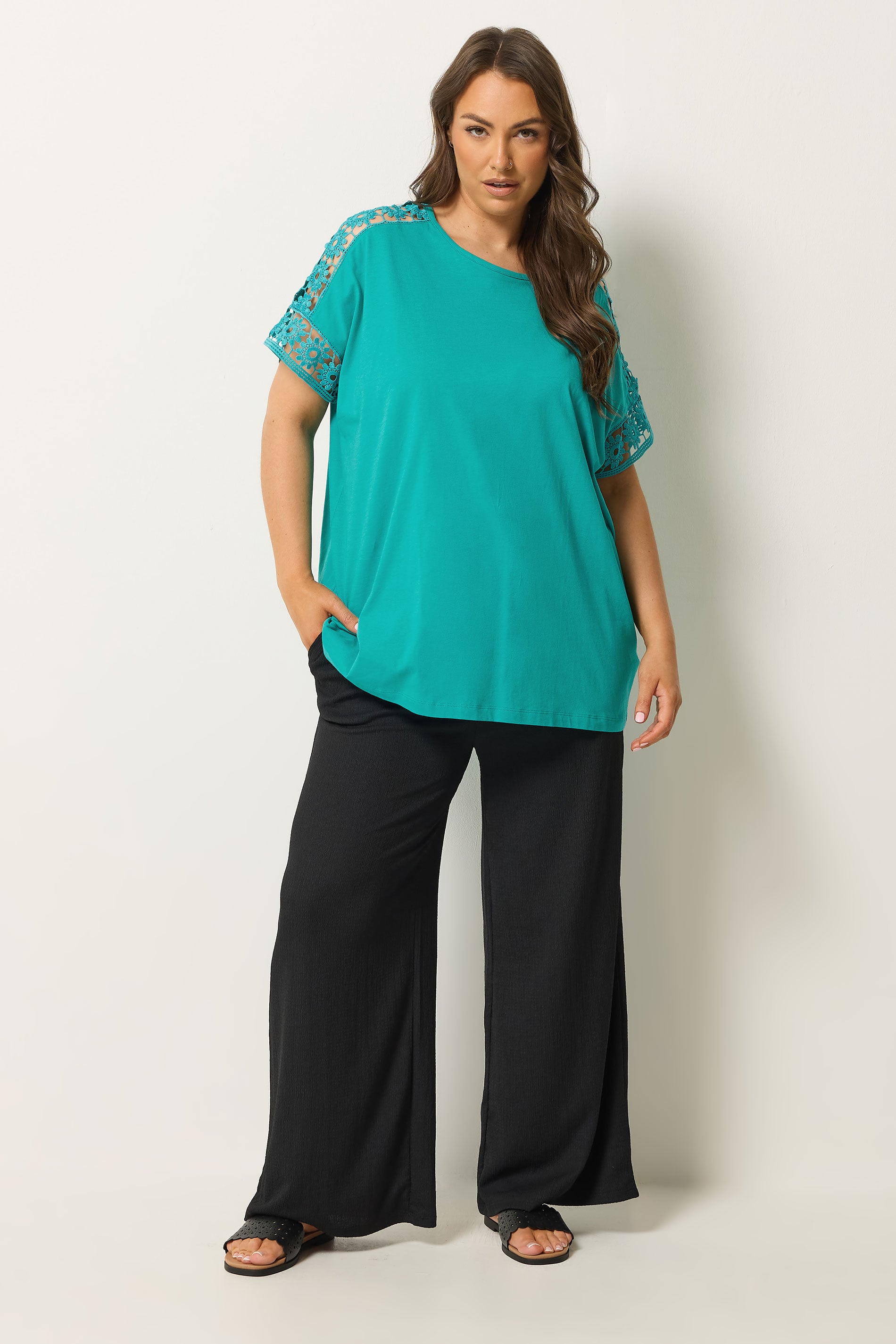 YOURS Plus Size Blue Crochet Sleeve T-Shirt | Yours Clothing 1