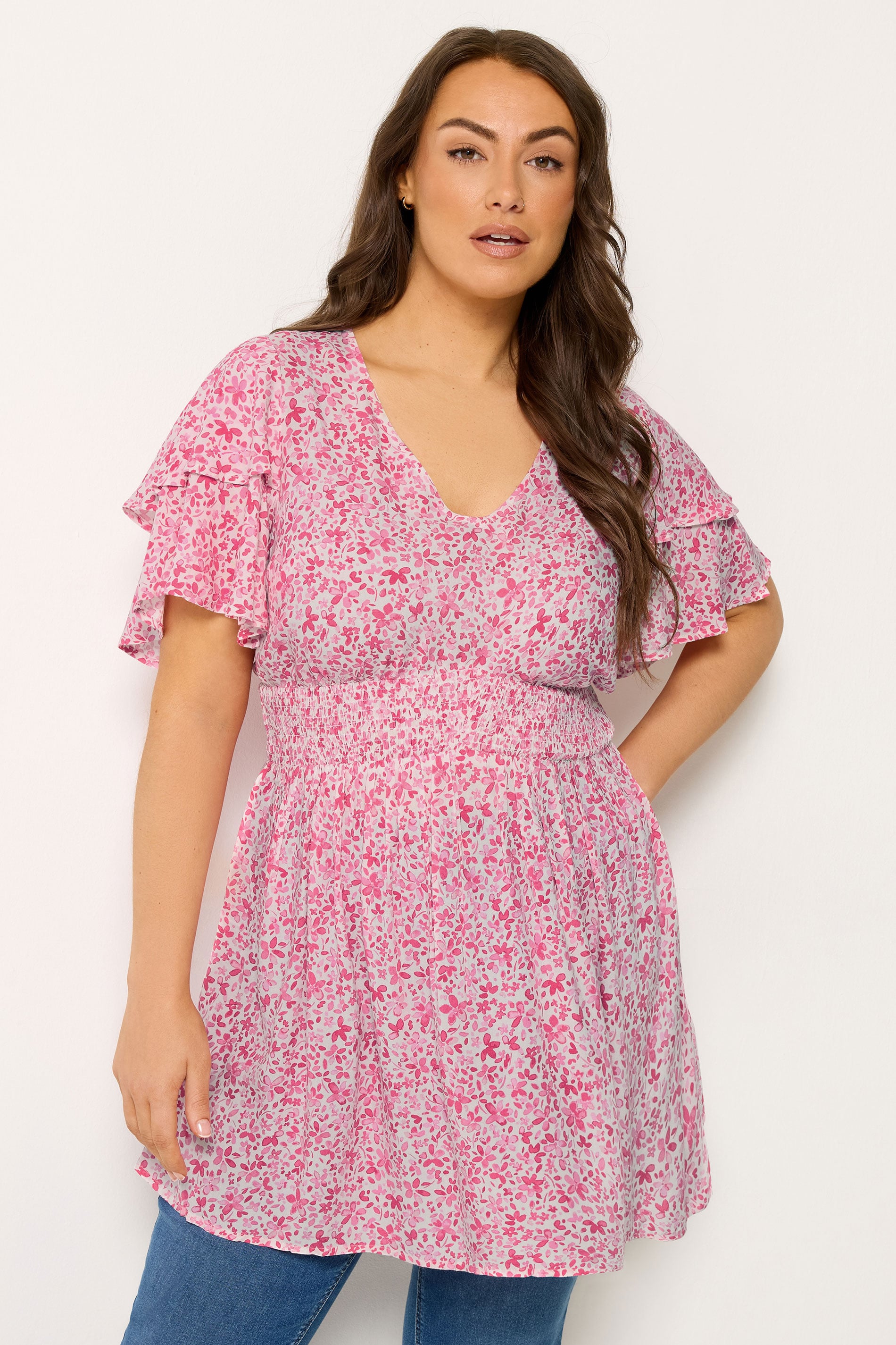 YOURS Plus Size Pink Ditsy Print Flutter Sleeve Top | Yours Clothing 3