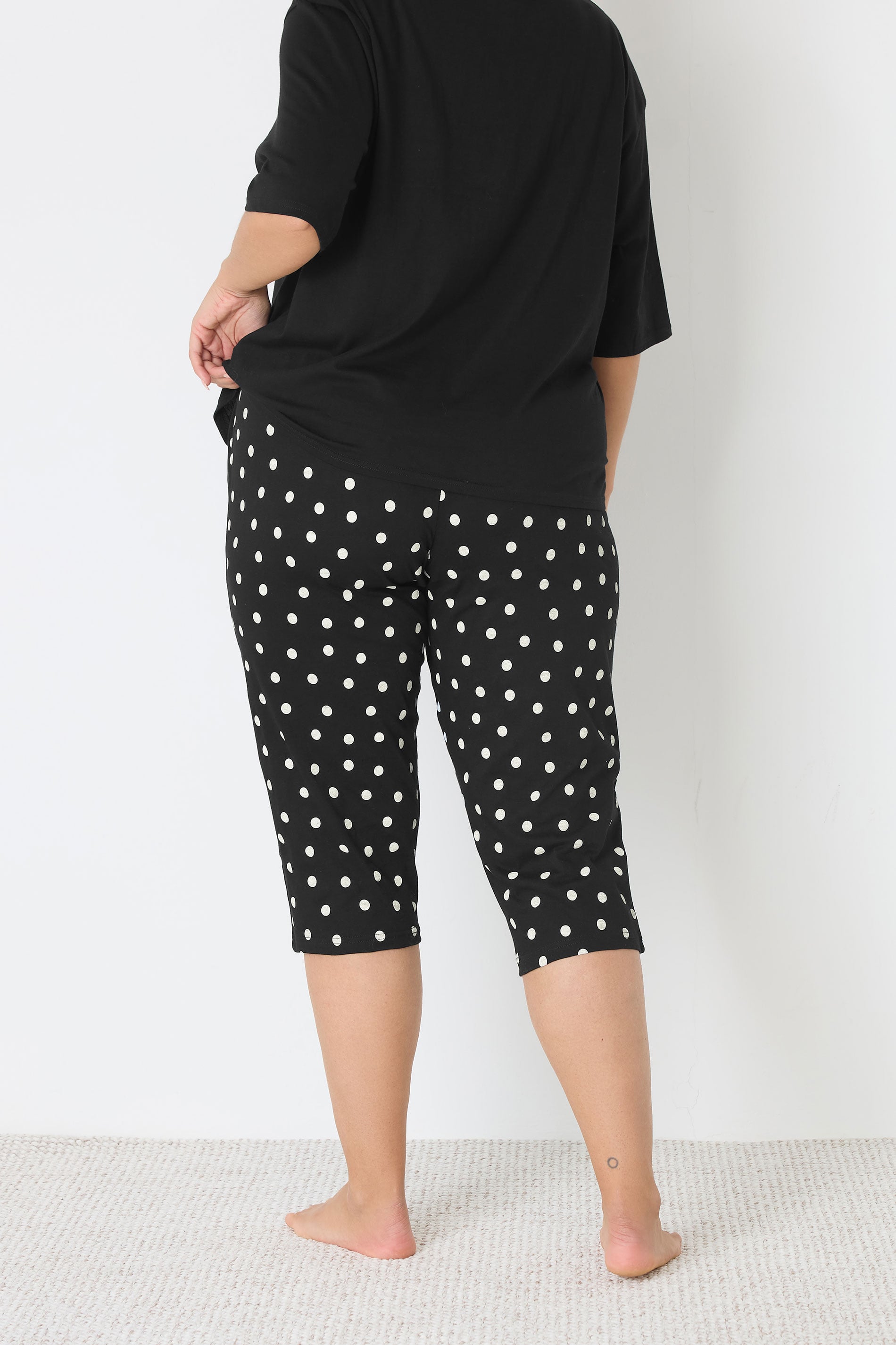 YOURS Plus Size Black Polka Dot Wide Leg Pyjama Cropped Bottoms | Yours Clothing 2